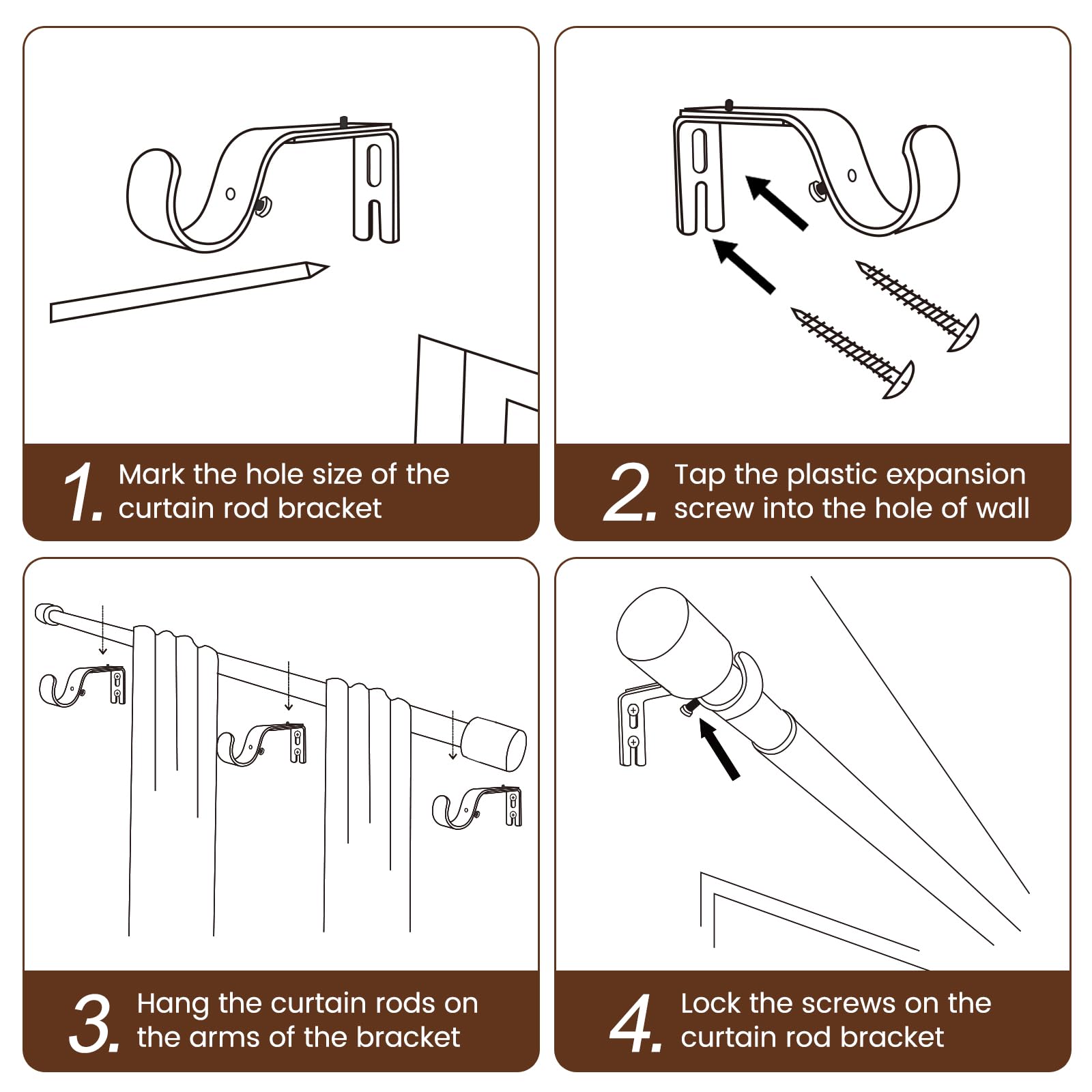 1” Diameter brown curtain rod Itself is 30 to 60 inch. 1 Pack Fits 30-54 inch Windows with Heavy Duty Adjustable brown curtain rods Splicing Metal Extra Long Curtain Rod