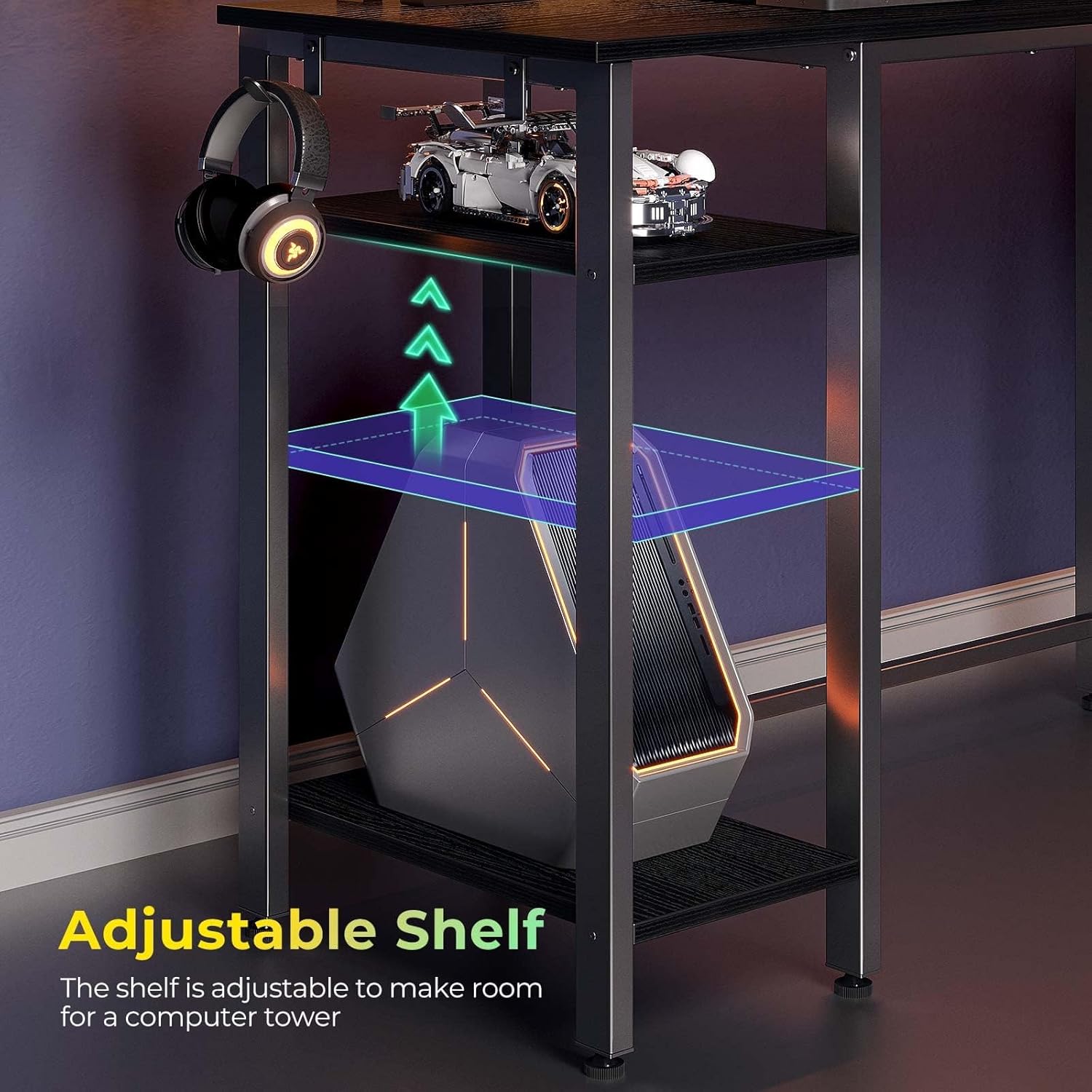 Rolanstar L Shaped Gaming Desk with LED Lights & Power Outlets, 46.2" Computer Desk with Full Monitor Stand & Storage Shelf, Corner Desk with Hooks, Carbon Fiber Desk Reversible