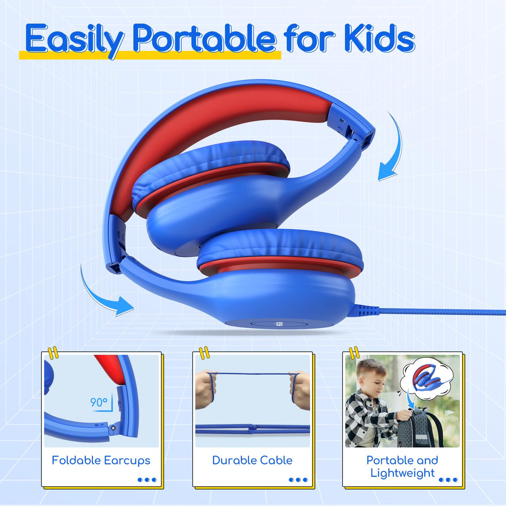 EarFun K1 Kids Headphones Wired with Microphone, 85/94dB Volume Limit Headphones for Kids, Portable Wired Headphone with Shareport, Stereo Sound Foldable Headset for School/Tablet/iPad, Black Red