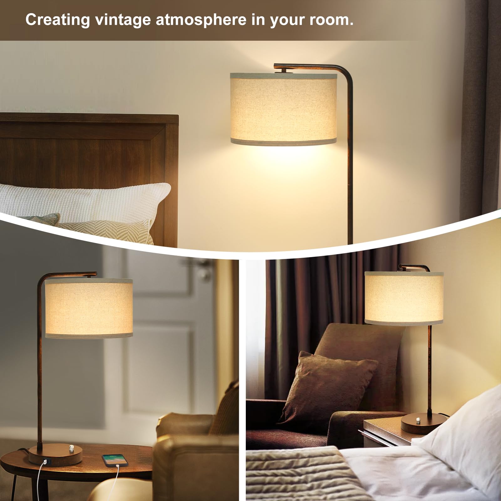 Table Lamps Set of 2, Fully Dimmable Bedside Lamp with USB C+A Charging Ports, Modern Nightstand Lamps with Linen Fabric Shades, Tall Desk Lamp for Bedroom, Living Room, Office, LED Bulb Included