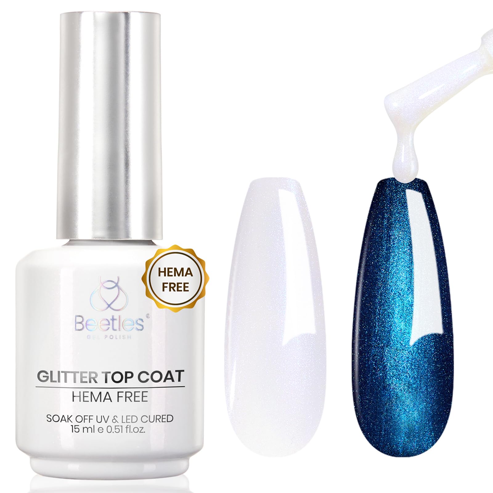 Beetles Heart Gel Top Coat 15ml - Hema Free Glitter Shine No Wipe Top Coat Long-Lasting for Gel Polish, Pink Heart Sparkle Soak Off UV LED Gift for Women