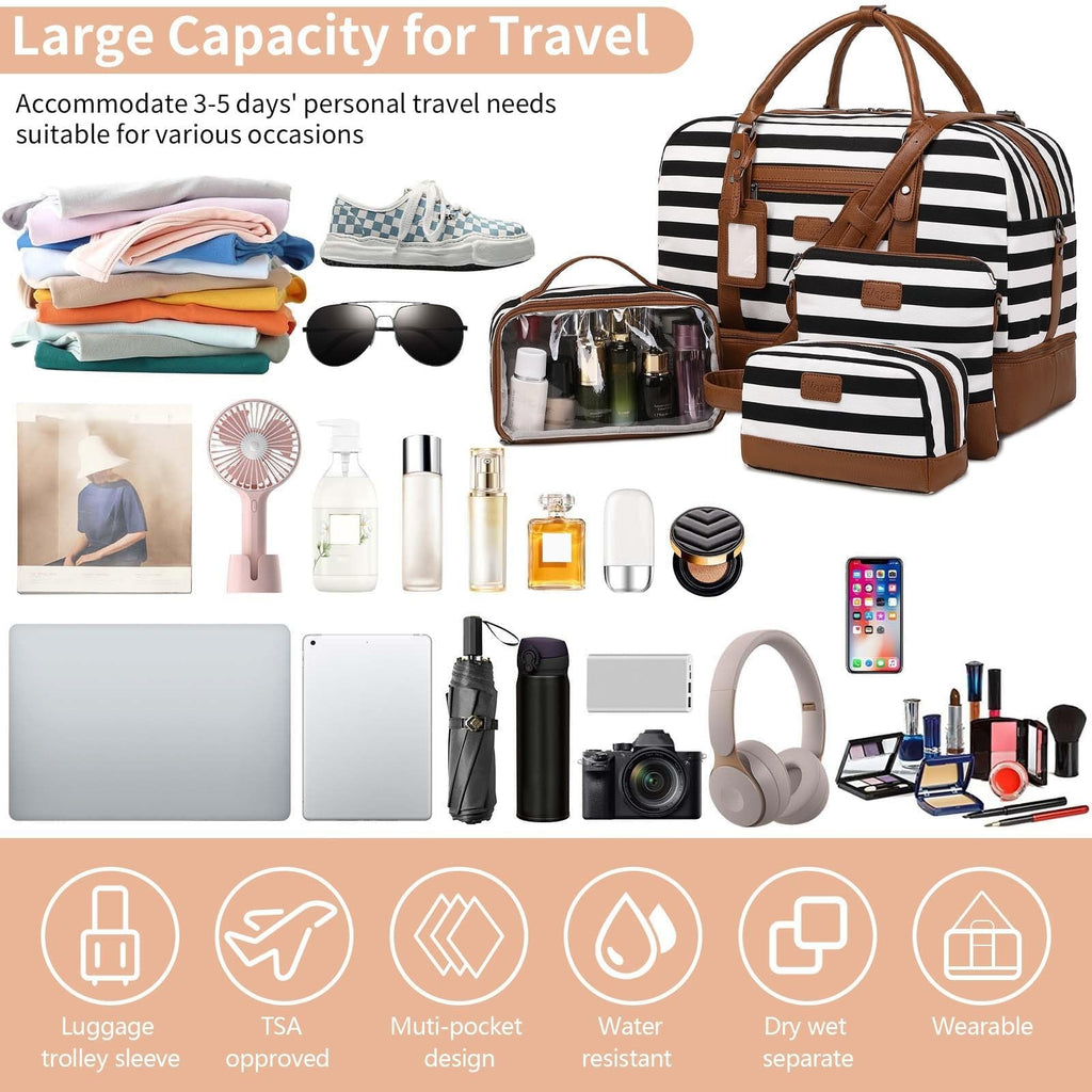 Wogarl 4PCS Weekender Bags for Women Large Overnight Weekend Travel Duffel Carry on Shoulder with Shoe Compartment Canvas Toiletry Bag for Travel Business Gym