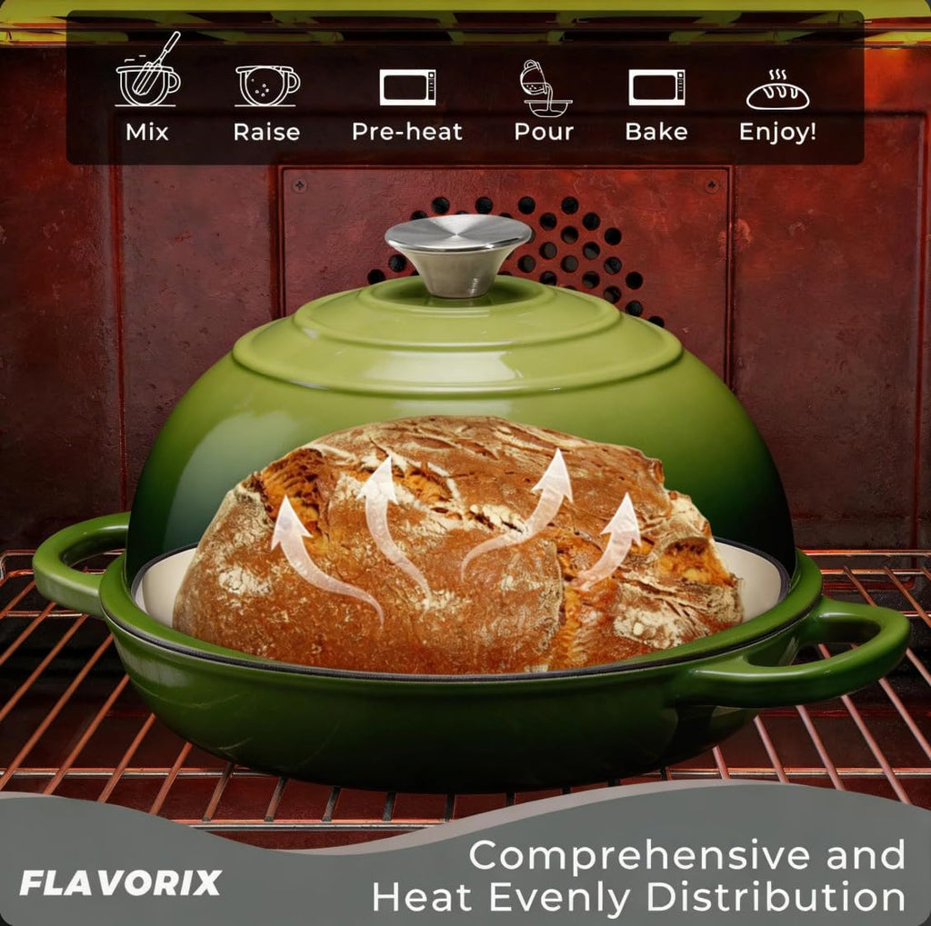 Cast Iron Bread Oven for Sourdough, 6Qt Bread Baking Pan with Lid, Enameled Sourdough Dutch Oven for Bread Baking, Oven Safe up to 482℉, Green