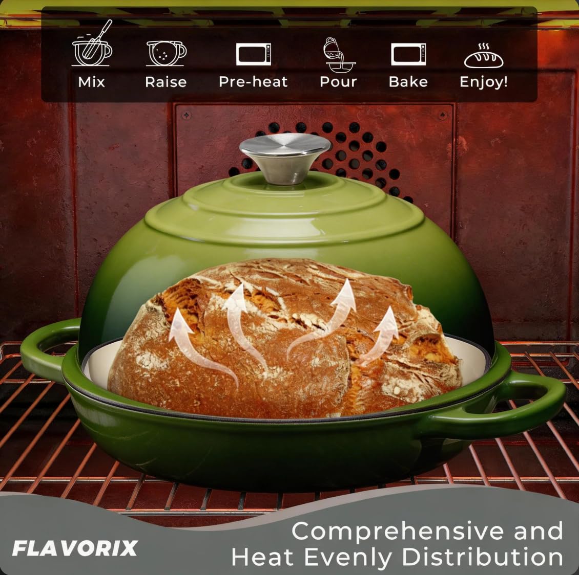 Cast Iron Bread Oven for Sourdough, 6Qt Bread Baking Pan with Lid, Enameled Sourdough Dutch Oven for Bread Baking, Oven Safe up to 482℉, Green