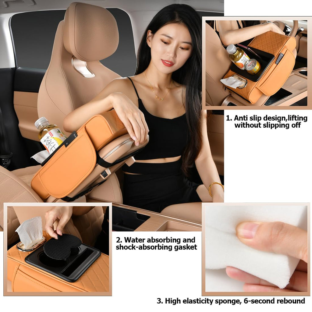 Car Armrest Cushion,5-in-1 Center Console Cover with 2 Storage Bags Cup Holder, Tissue Box Slot, Phone Slot for Sedans, Car Accessories Interior Organizers (Beige)