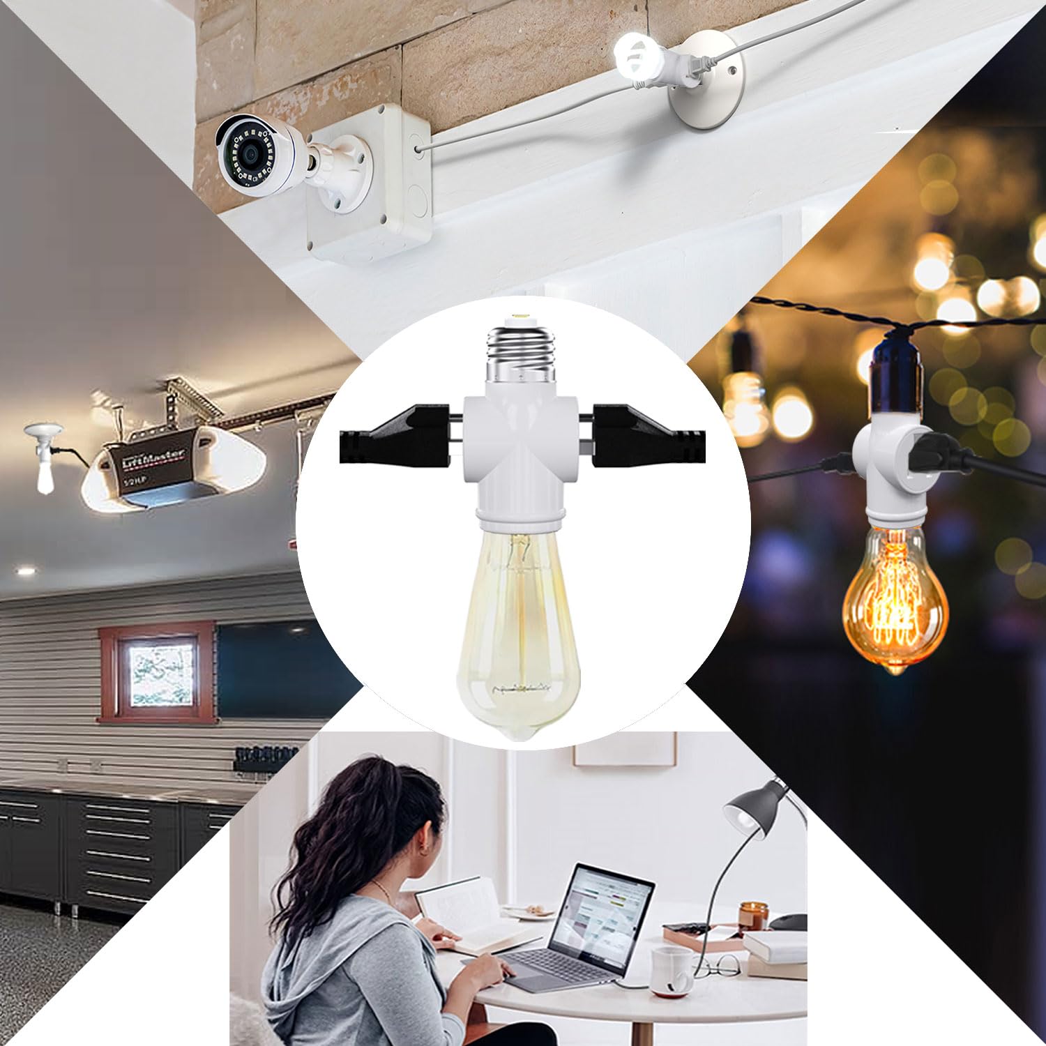 Light Socket Adapter, Convert E26 Light Socket to 3-Prong Outlet Adapter and Light Bulb Socket, 1 Pack(White)