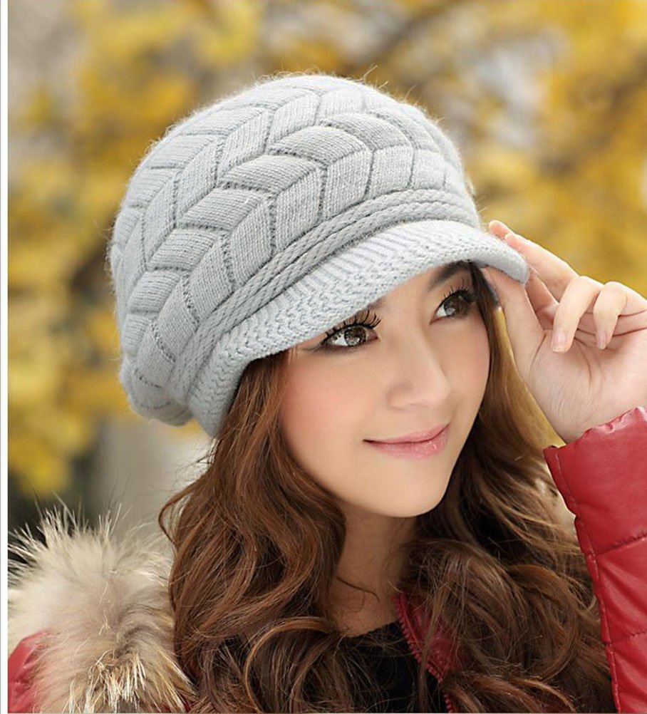 Women Winter Warm Knit Hat Wool Snow Ski Caps with Visor