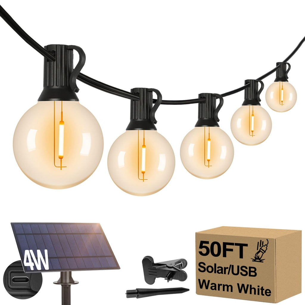 Lakumu 34FT G40 Solar String Lights, Globe Outdoor String Lights with 15 E12 Waterproof LED Bulbs, 2700K Shatterproof Patio Lights, Solar Powered Hanging Lights