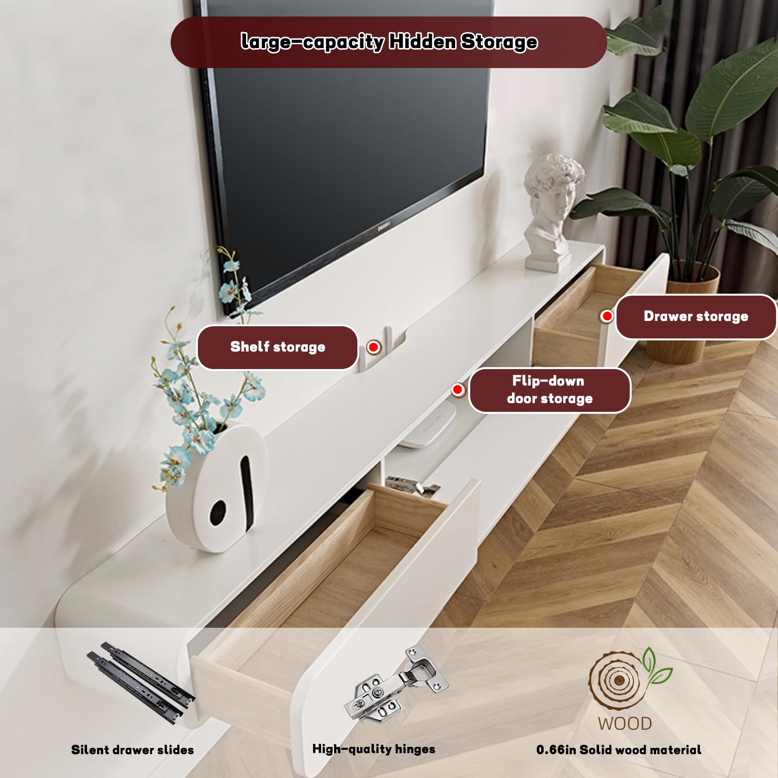 FPIGSHS Wall Mounted Media Console with 2 Drawers Solid Wood Floating TV Stand Hanging TV Shelf Entertainment Center TV Cabinet, for Home Office (A, 120cm/47.2in)