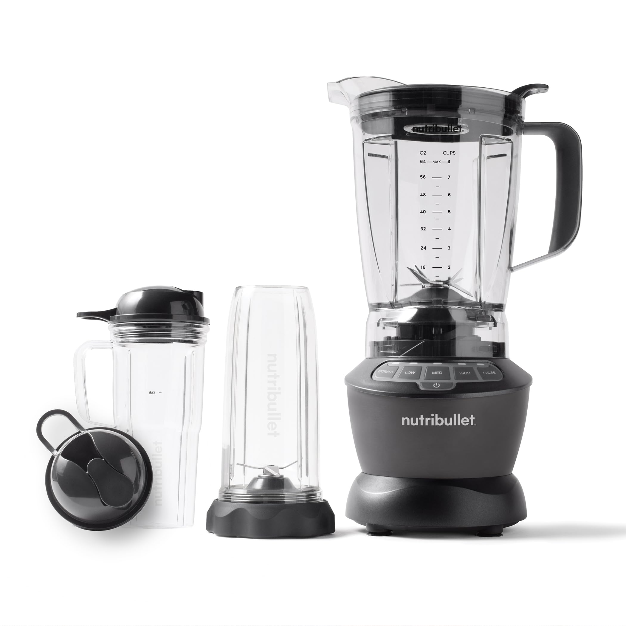 nutribullet Full-Size Blender Combo, Single-Serve & Large Capacity, 1200W, 64oz Pitcher, 32oz Cup, Extractor Blade, 3-Speed, Pulse, Smoothies, Soups, Sauces, Easy Cleaning, Matte Black, NBF50500AK