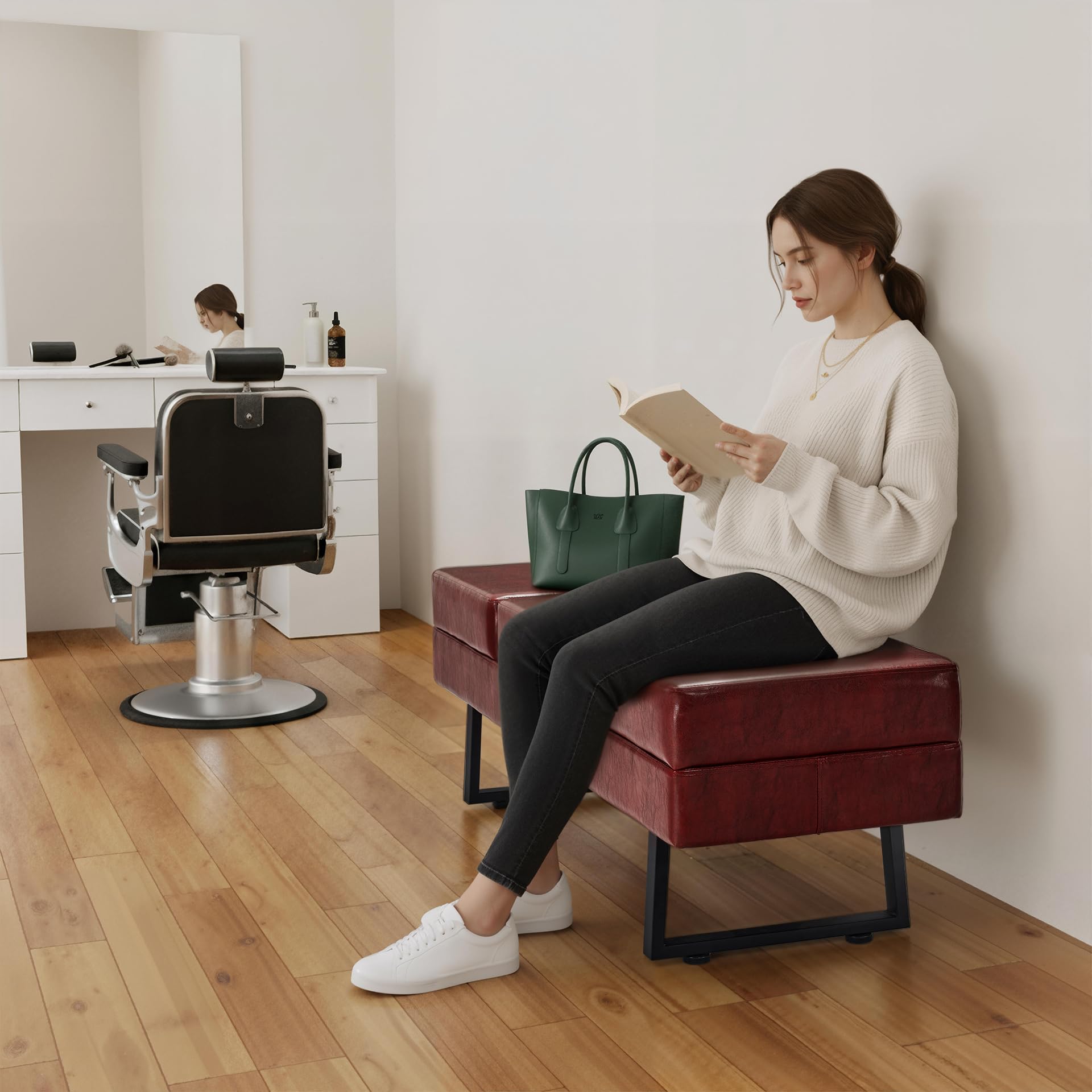 BarberPub Waiting Room Chairs, Heavy Duty Office Guest Reception Bench, Faux Leather Upholstered Lobby Chairs for Salon, Conference Room 7008 (Black)