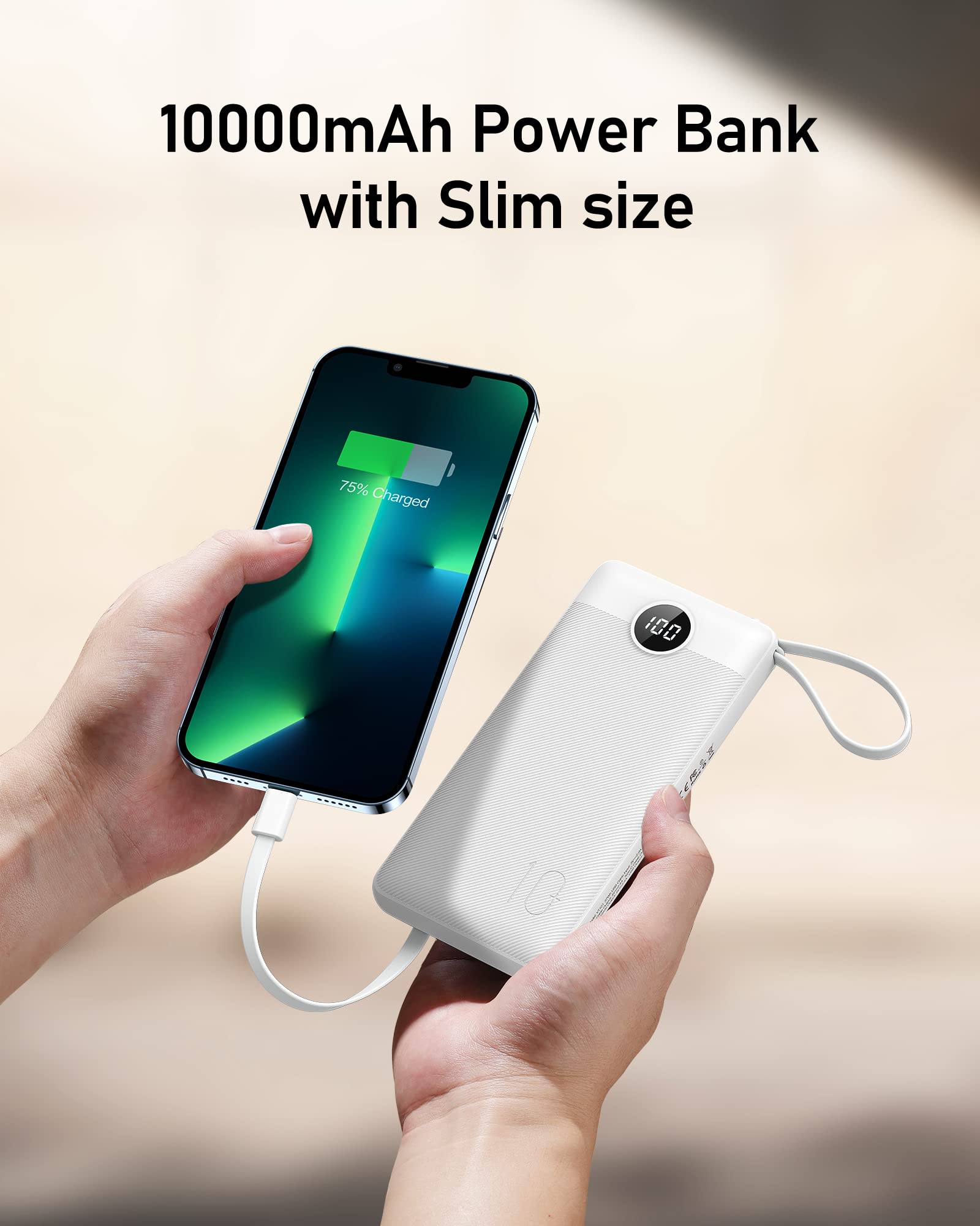 VEEKTOMX Portable Charger with 4 Built-in Cables — 10000mAh Slim Power Bank, USB-C Battery Pack with iPhone & Micro USB, TSA Approved Travel Charger for iPhone, Samsung, Android