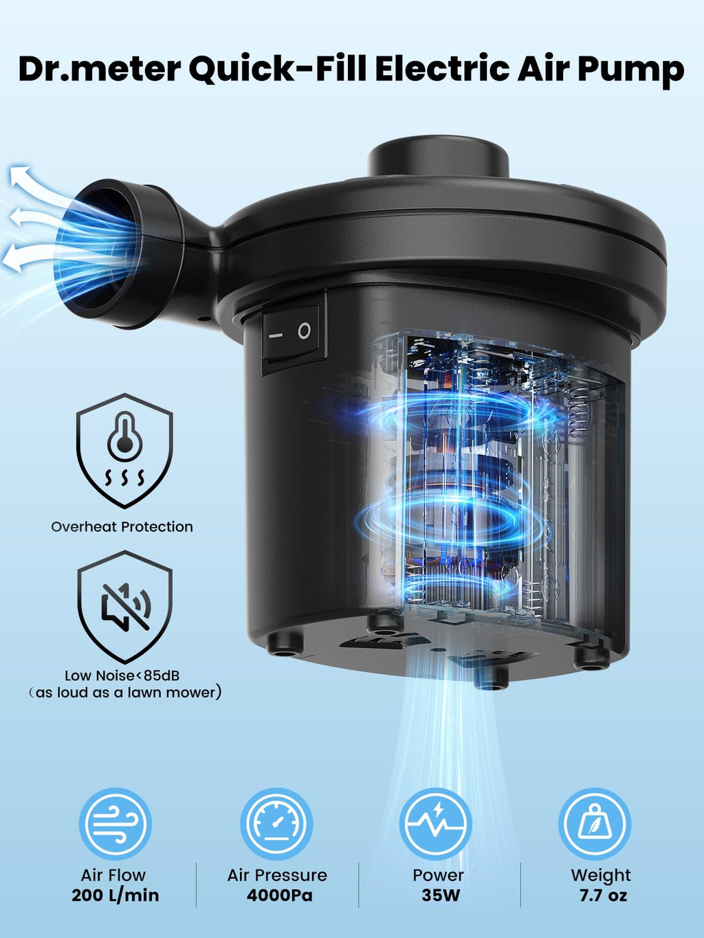Dr.Meter Air Pump for Inflatables: AC 110V Air Mattress Pump with 3 Nozzles - Quick-Fill Electric Inflator Deflator for Inflatable Pool Raft Bed Boat Floats Swimming Rings Yoga Balls