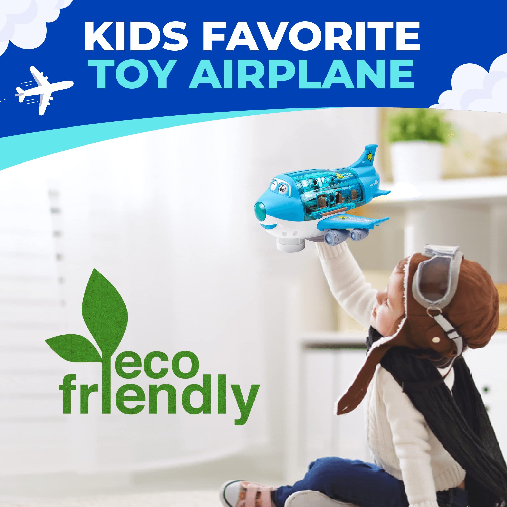 Toysery Airbus A380 Toy Airplane for Kids, Large Bump and Go Airplane Toy with LED Lights, Real Sounds & Propeller, Battery Powered Electric Plane Toy for Toddlers Boys & Girls Ages 3-12