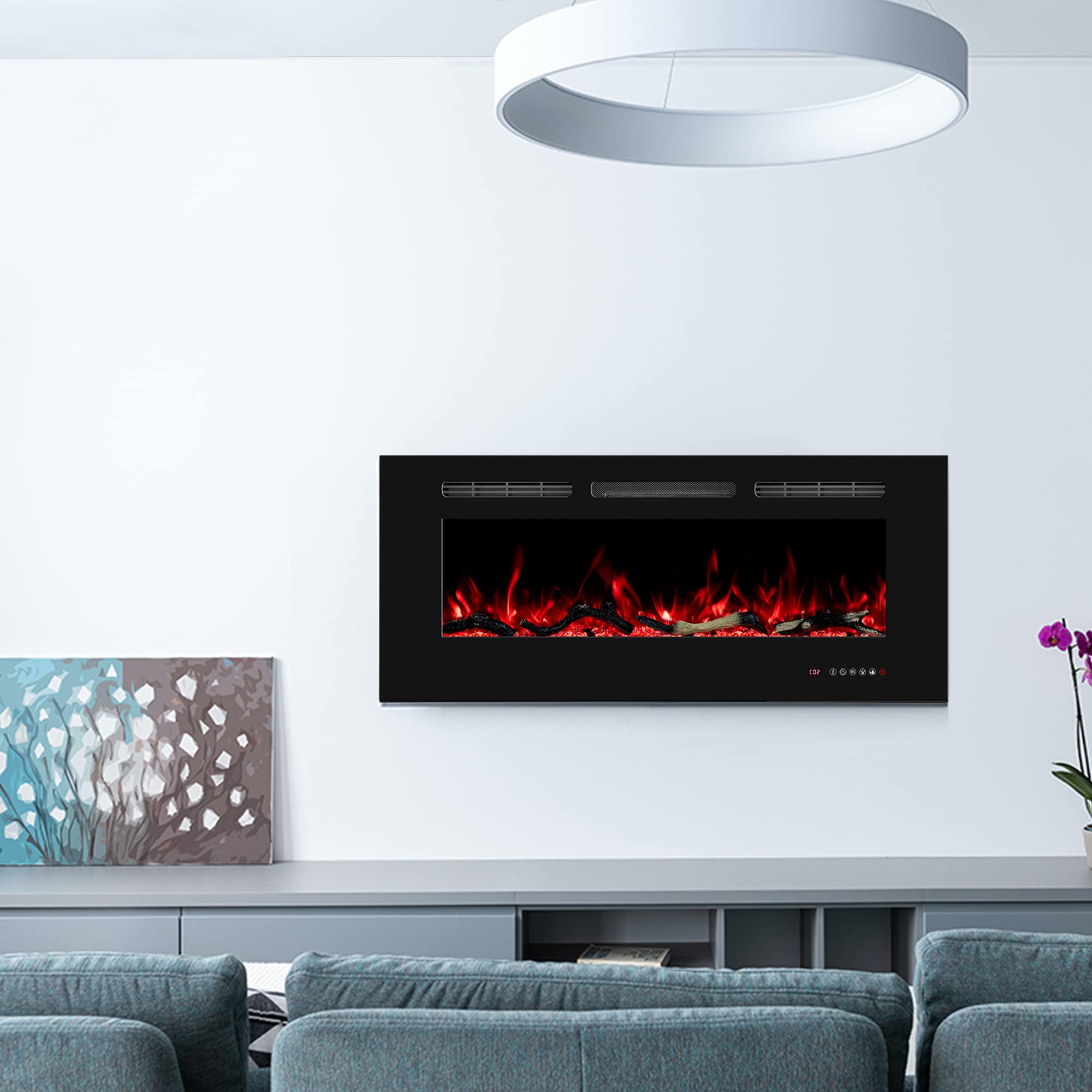 Electric Fireplace 30 inch Wide, Wall Mounted Fireplace Inserts Electric Heater, 13 * 13 Flame Effects Like Real Flame, Low Noise, Timer & Thermostat Setting, 750W/1500W, Black