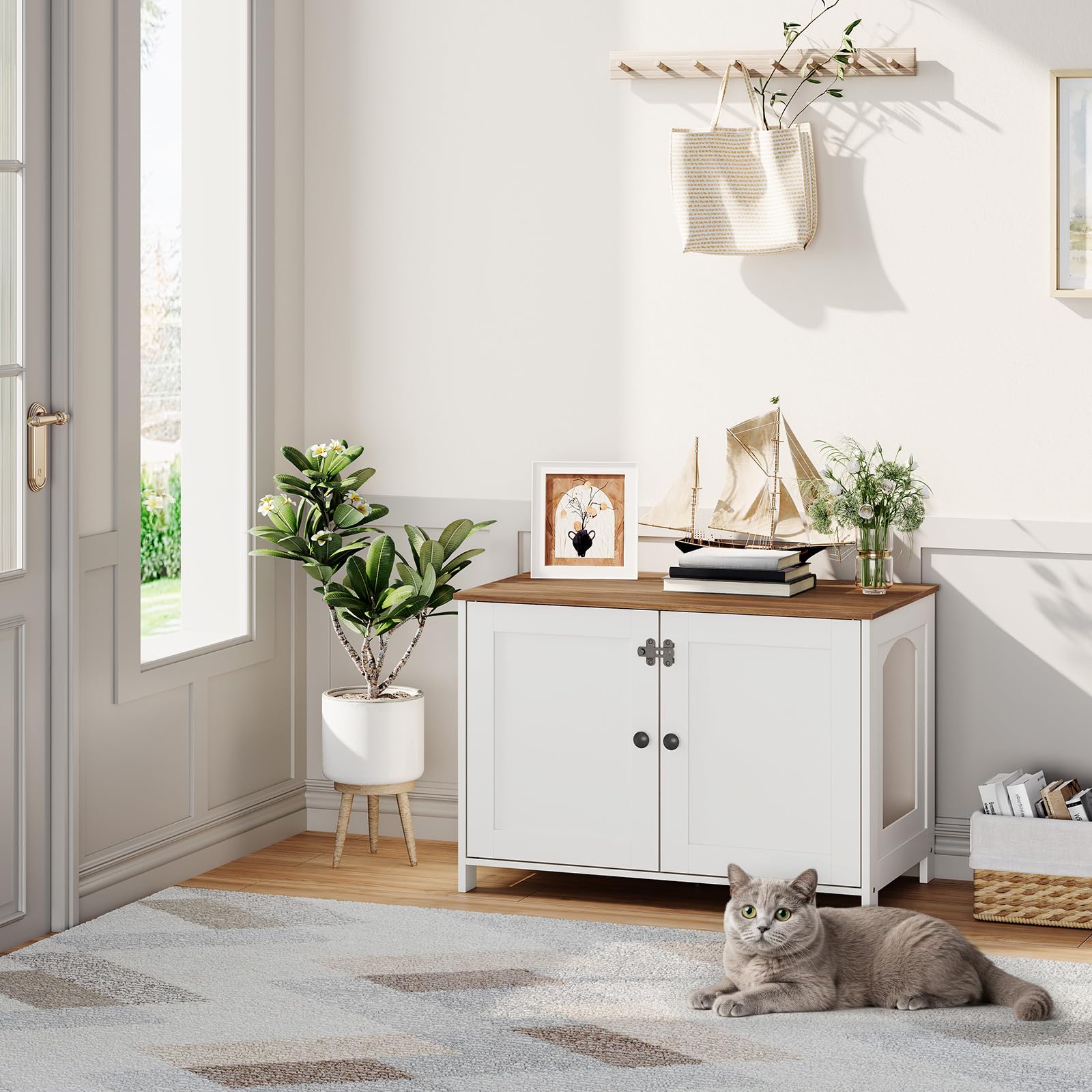 HOOBRO Litter Box Enclosure, Cat Litter Box Furniture with Removable Divider, Large Hidden Litter Box Furniture, Wooden Cat House, End Side Table, 31" L x 17.5" W x 19.7" H, Greige BG03MW01G2