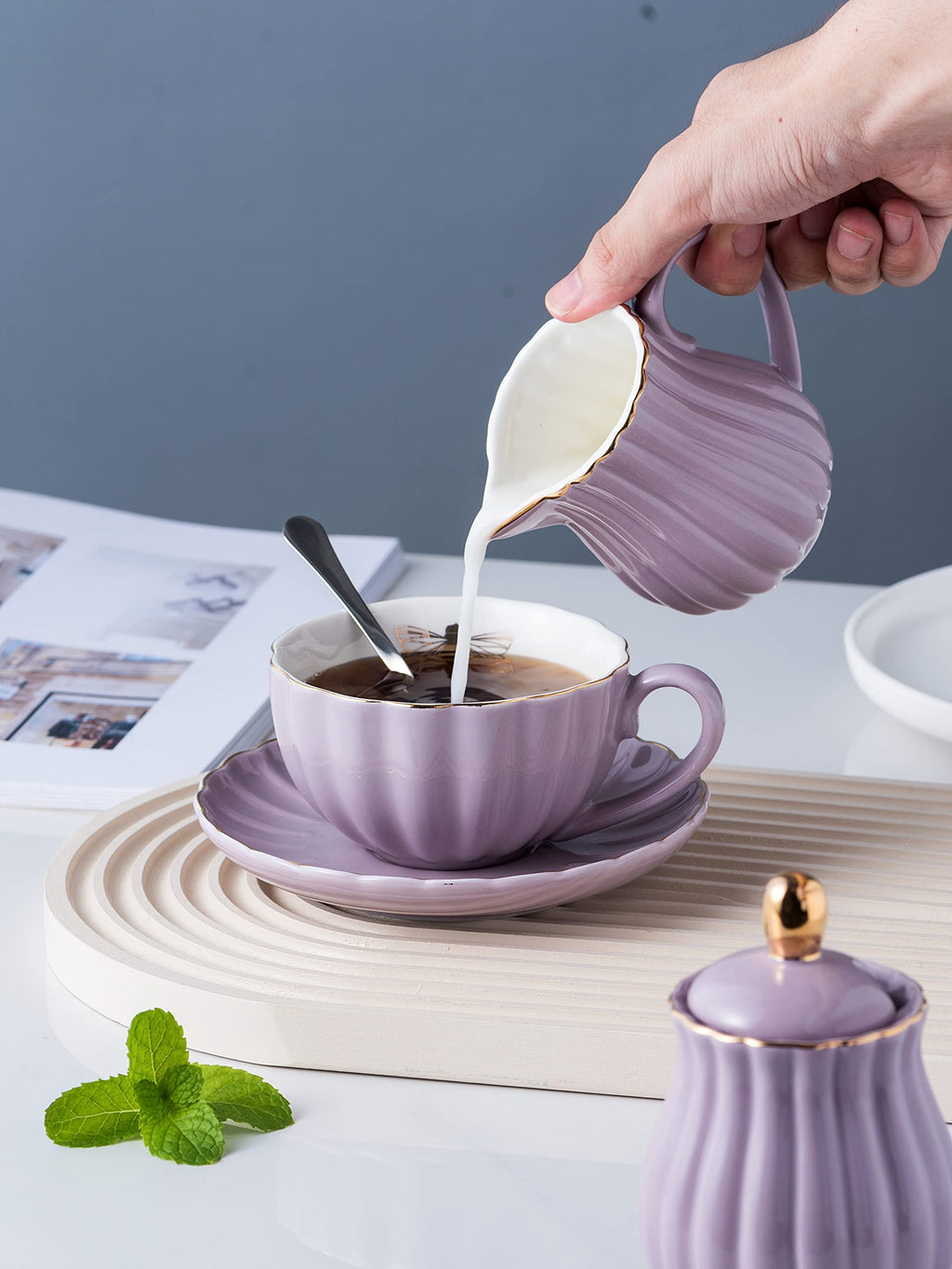 Jusalpha Serve for 6- Fine China Pink Coffee Cup/Teacup Set, 8 OZ Cups& Saucer, with Teapot-Sugar Bowl-Cream Pitcher Teaspoons and tea strainer for Tea/Coffee (Lavender, Serve of 6)