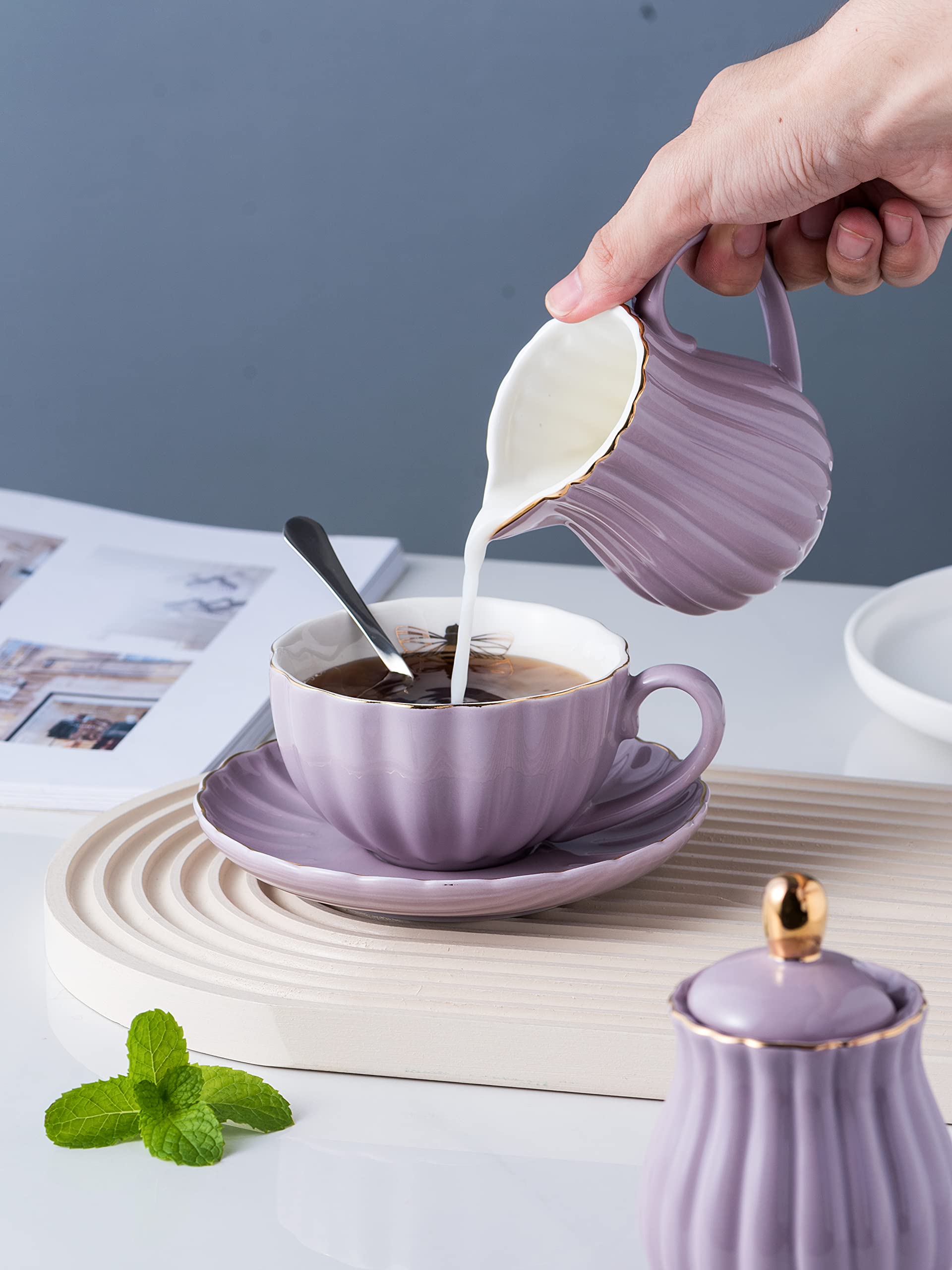 Jusalpha Serve for 6- Fine China Pink Coffee Cup/Teacup Set, 8 OZ Cups& Saucer, with Teapot-Sugar Bowl-Cream Pitcher Teaspoons and tea strainer for Tea/Coffee (Lavender, Serve of 6)