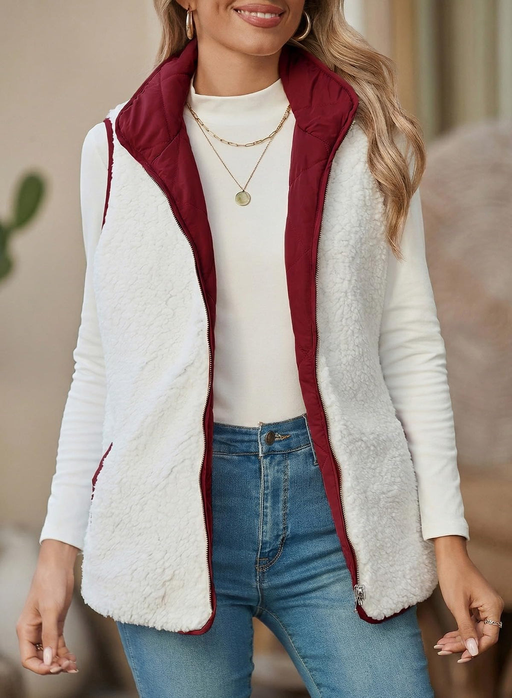 SHEWIN Women Puffer Vest Casual Stand Collar Sleeveless Puffer Jacket Warm Winter Reversible Zip Up Outerwear with Pockets