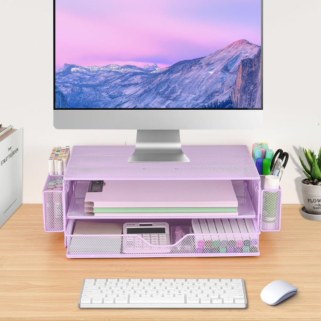AUPSEN 2 Tier Computer Monitor Stands with Drawer and 2 Pencil Holder, Metal Monitor Stand Monitor riser, Computer Desk Organizer and Accessories for Laptop, Computer, Printer, Office Supplies(Black)