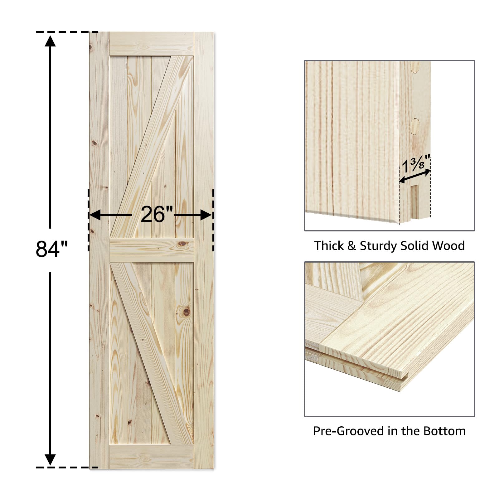 SmartStandard 24in x 80in Sliding Barn Wood Door Pre-Drilled Ready to Assemble, DIY Unfinished Solid Spruce Wood Panelled Slab, Interior Single Door Only, Natural, K-Frame (Fit 4FT Rail)