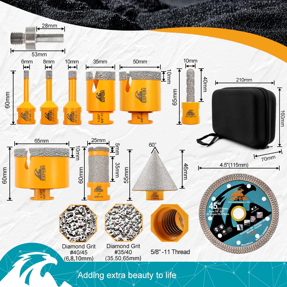 Diamond Tile Hole Saw Kit 12pcs - 6/8/10/25/35/50/65mm Core Drill Bits,10mm Milling Bit and 2" Chamfer Bit with Hex Adapter and 4.5" 2pcs Diamond Blade and for Tile Porcelain Marble