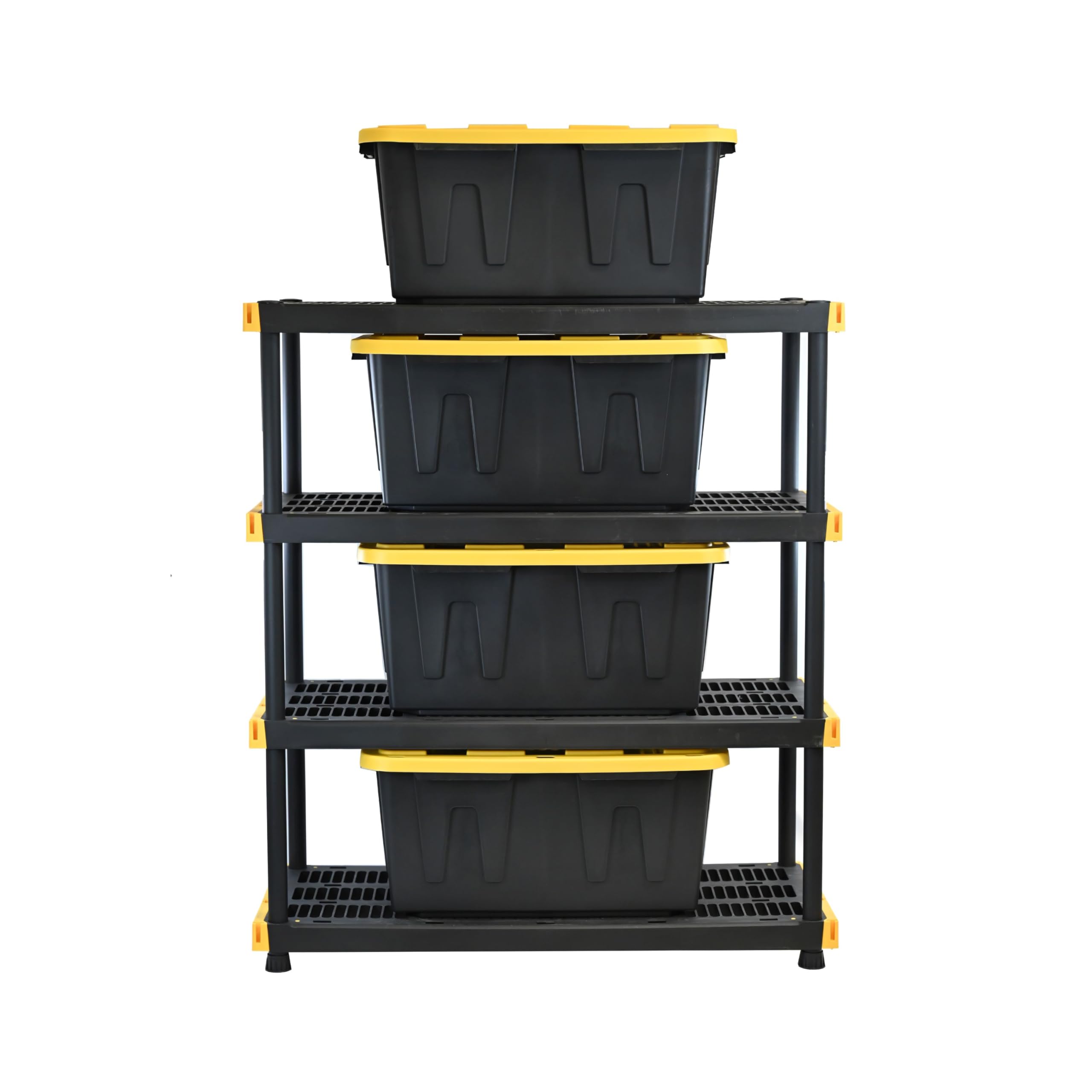 CX Black & YELLOW, Shelving Unit and Heavy Duty Storage Containers, Extremely Durable (Shelf + 27 Gallon Container (4-Pack))