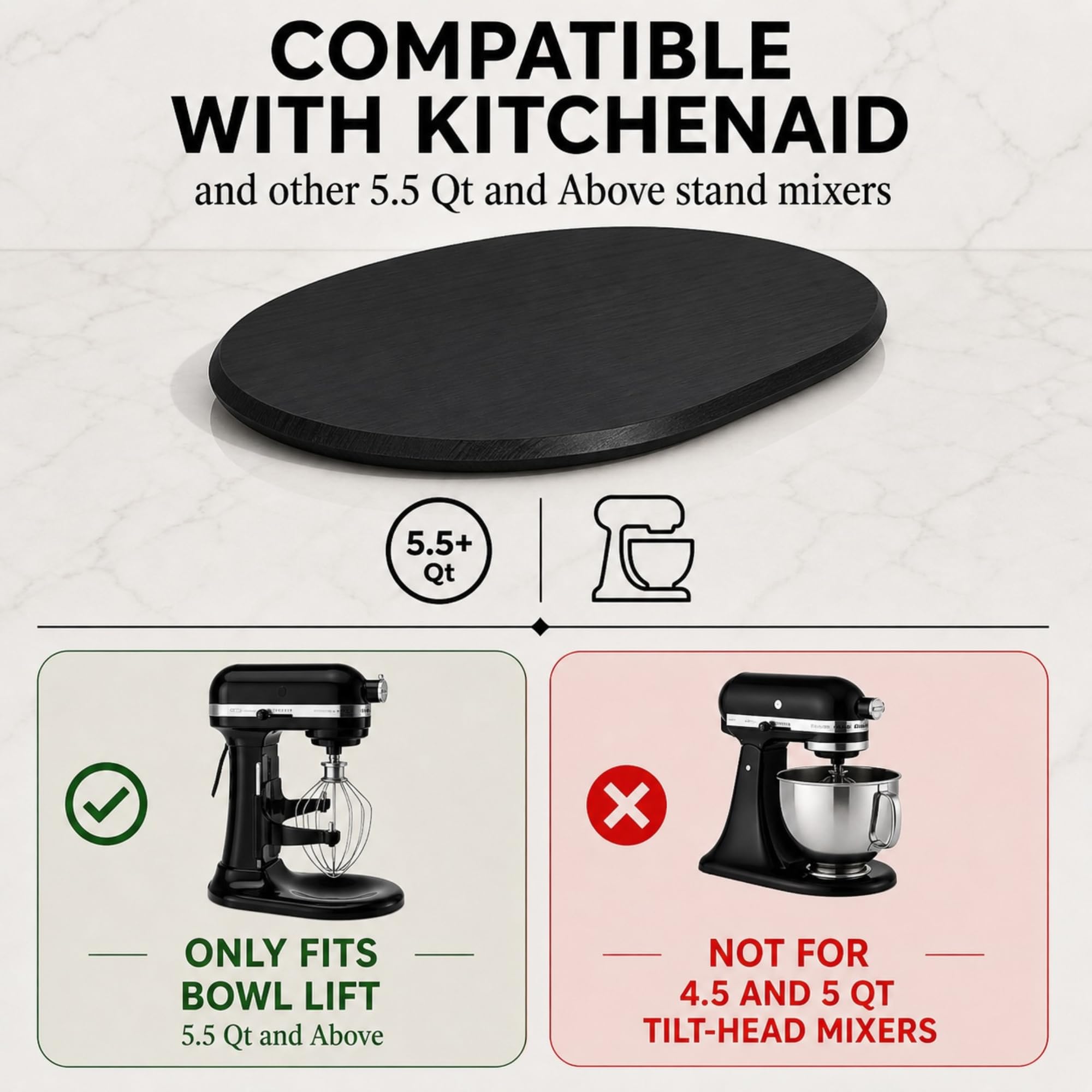 Ibyx Premium Bamboo Mixer Slider for KitchenAid 4.5-5 Qt Tilt-Head Stand Mixer - Food-Grade Appliance Slider Mat for Kitchen Countertop Storage Accessories (Black)