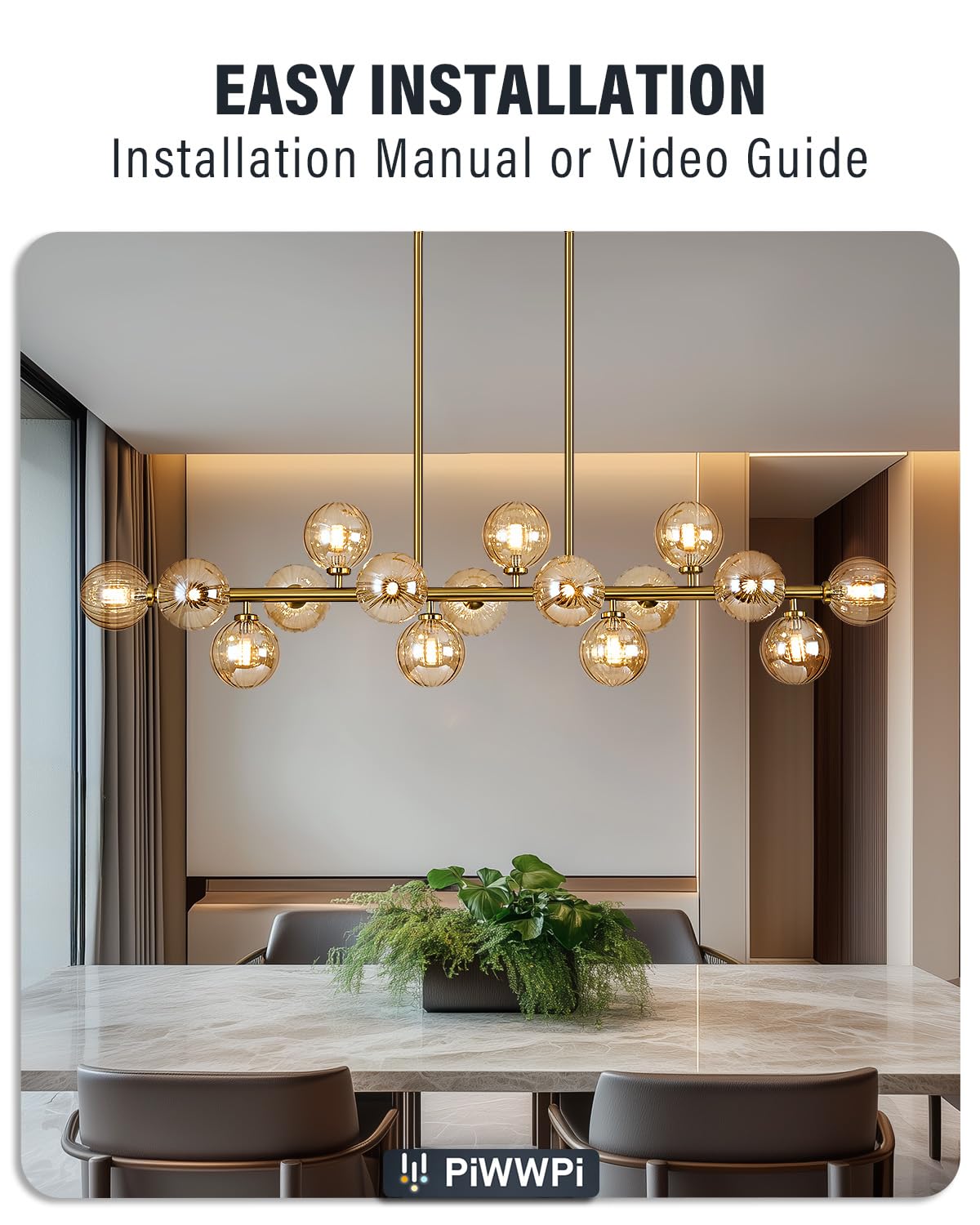 Modern Linear Chandeliers for Dining Room, 8-Light Globe Sputnik Pendant Ceiling Light, Black Dining Room Light Fixture Over Table, Mid Century Glass Milk White Bubble, 31.5 Inch, GC-09