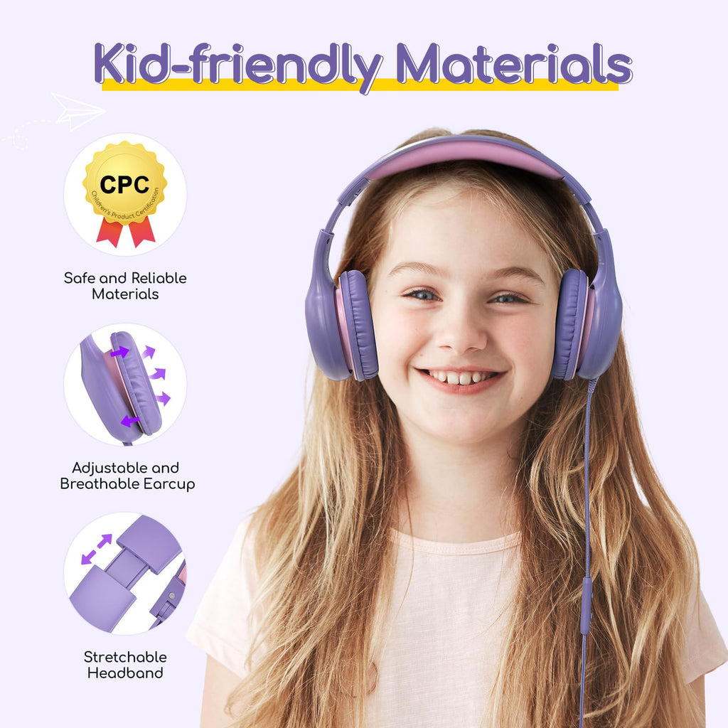 EarFun K1 Kids Headphones Wired with Microphone, 85/94dB Volume Limit Headphones for Kids, Portable Wired Headphone with Shareport, Stereo Sound Foldable Headset for School/Tablet/iPad, Black Red