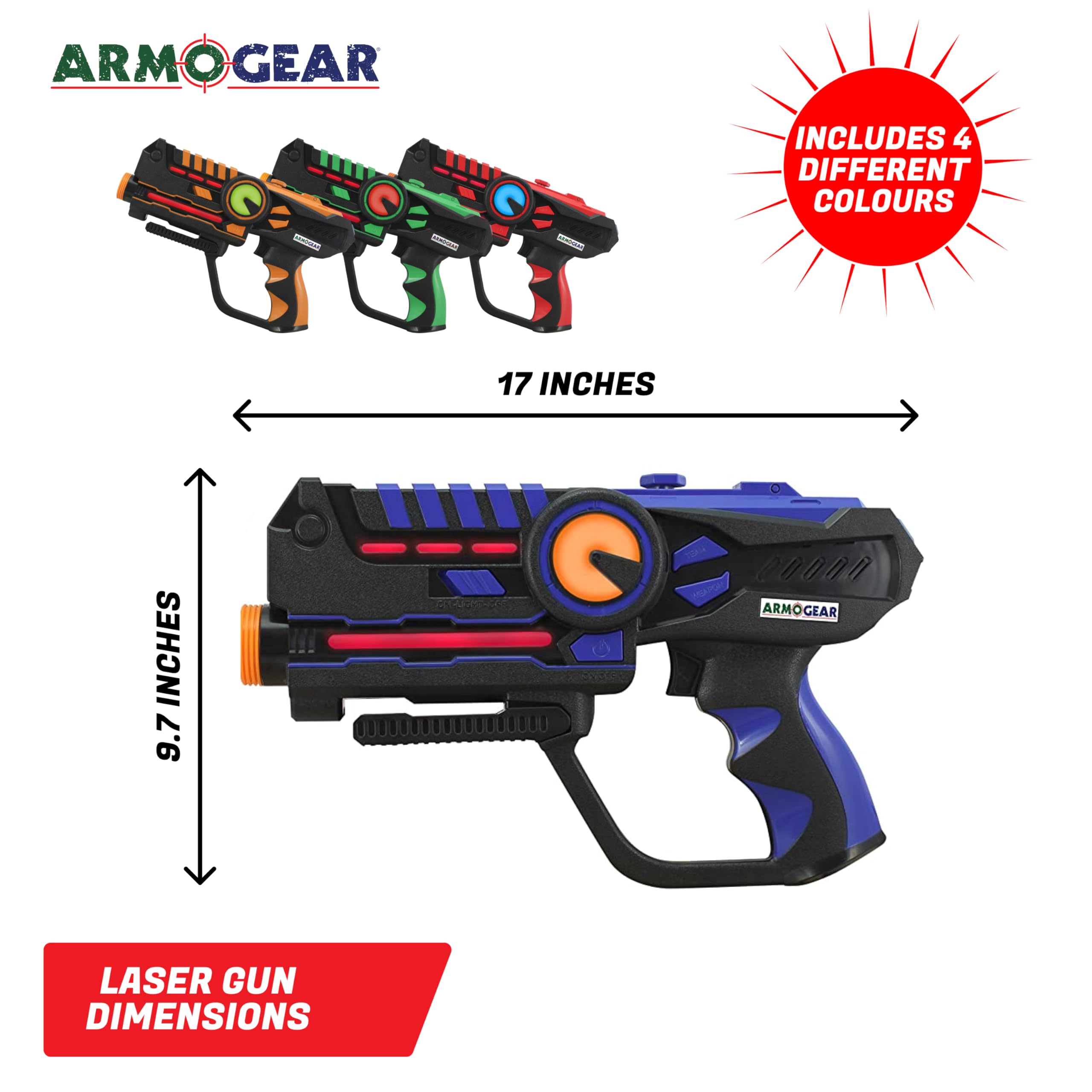 ArmoGear Set of 4 Laser Tag Guns with Vests - Laser Tag Set for Kids and Adults - Toy Guns with 150 ft Range, Night Vision, Invisibility Mode - Battery Operated - Multiplayer Outdoor Game for Ages 8+
