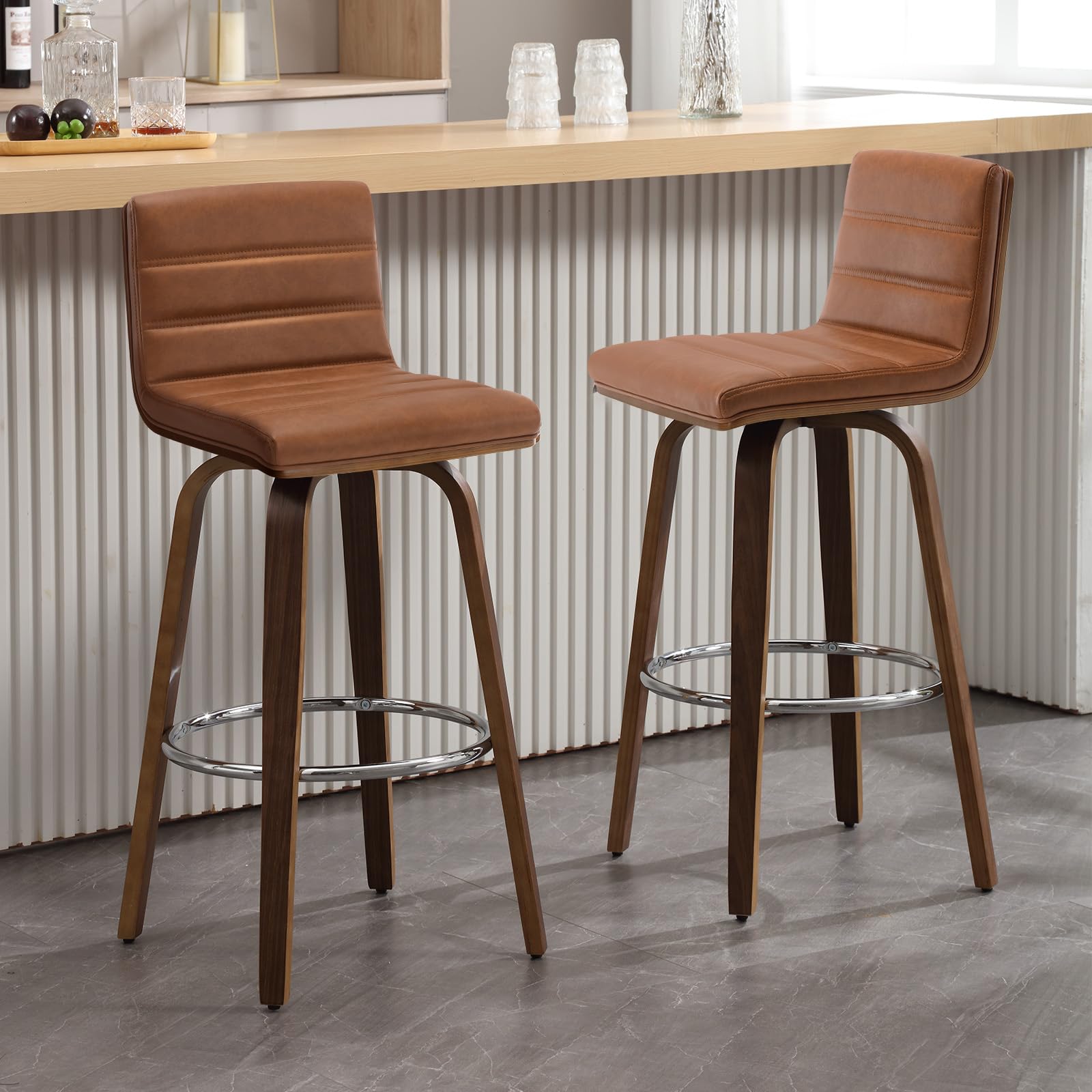 Bar Stools 29 Inch Bar Height, Swivel Bar Stools with Backs Upholstered PU Leather Barstool, L Shape Back and Padded Seat, Mid-Century Modern Bar Stool Pub Chairs for Kitchen Counter Island, Black