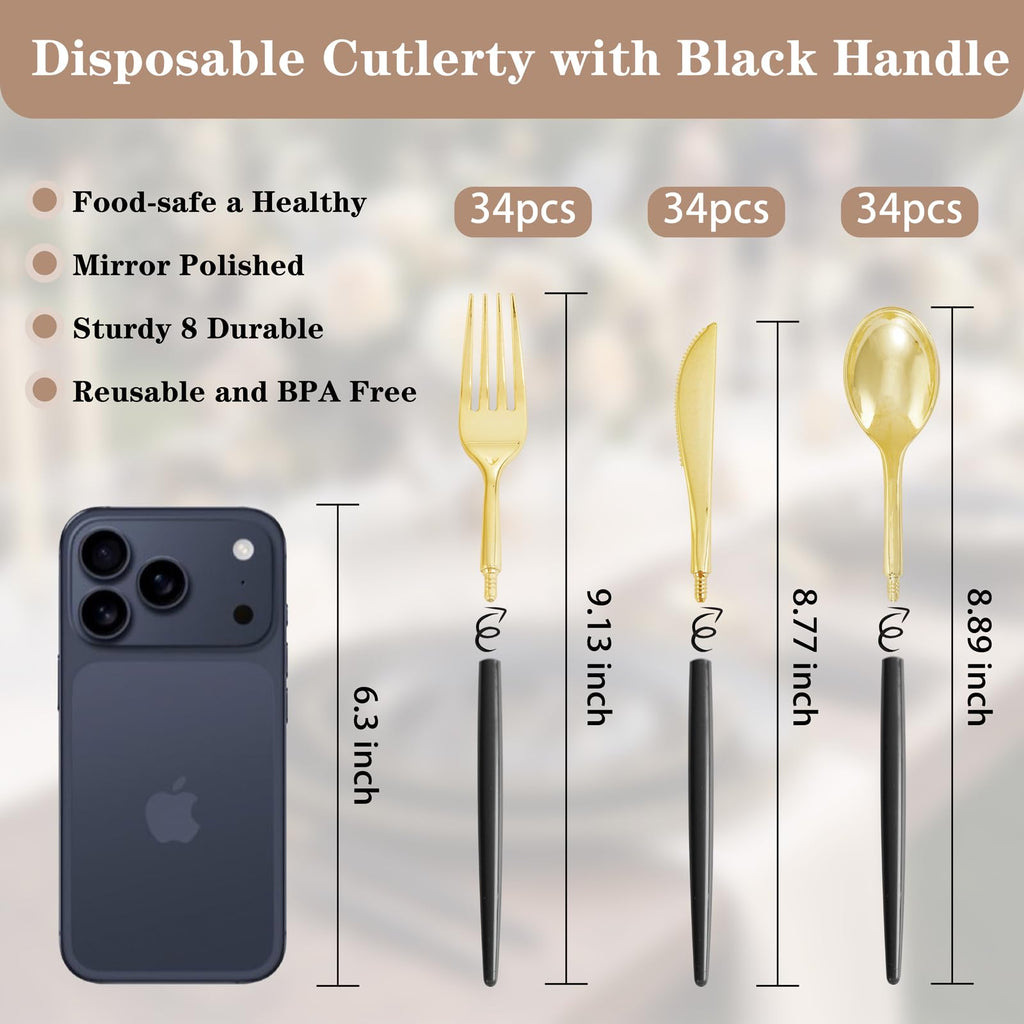 Supernal 102 Pcs Black and Gold Plastic Silverware Set,Heavy Duty Gold Disposable Cutlery for 34 Guests (34 Forks,34 Spoons,34 Knives),Elegant Plastic Flatware for Weddings,Parties & Upscale Events