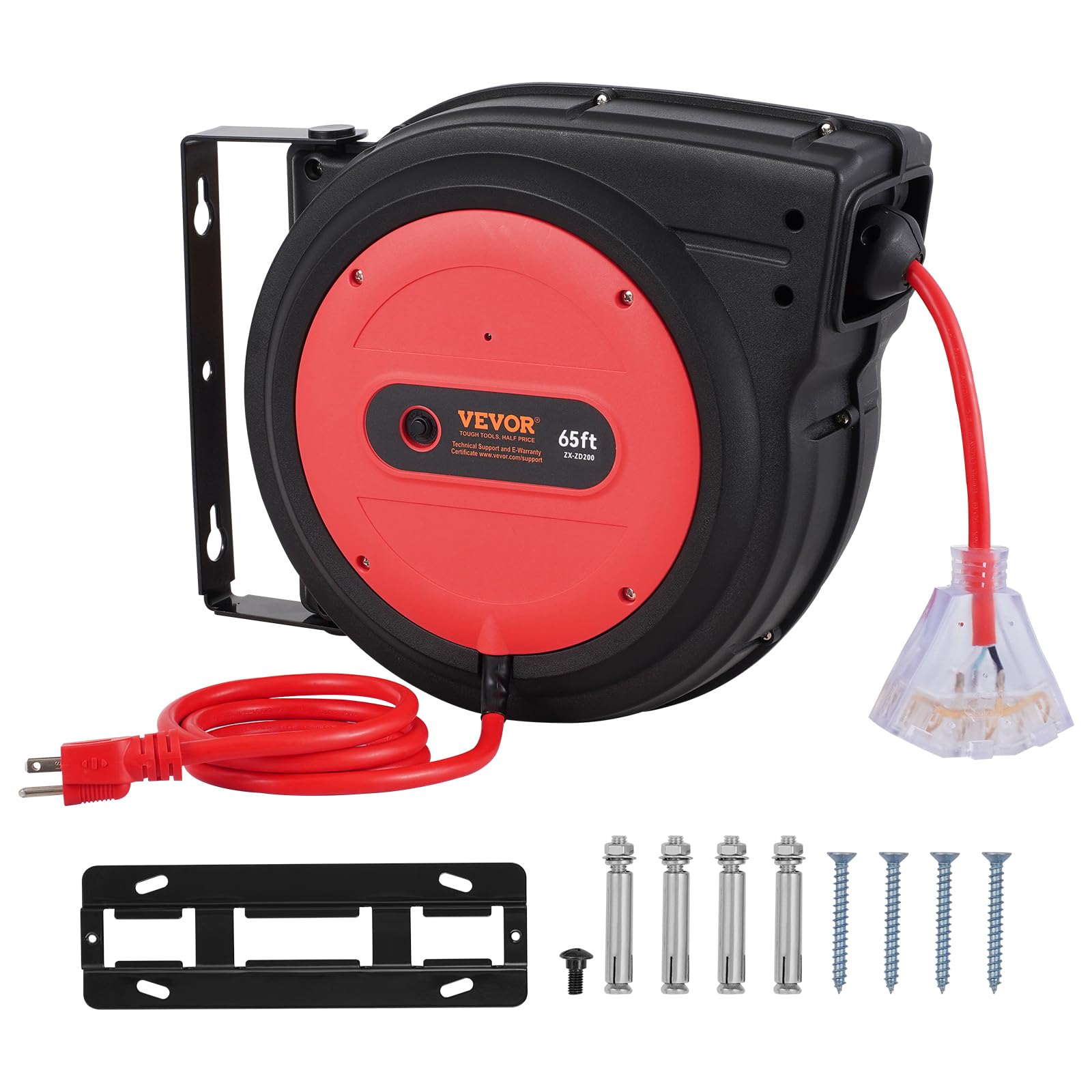 VEVOR Retractable Extension Cord Reel, 30 FT, Heavy Duty 16AWG/3C SJTOW Retractable Power Cord Reel with Lighted Triple Tap Outlet 10 Amp Circuit Breaker 4.5FT Lead-in Cord, for Ceiling or Wall Mount