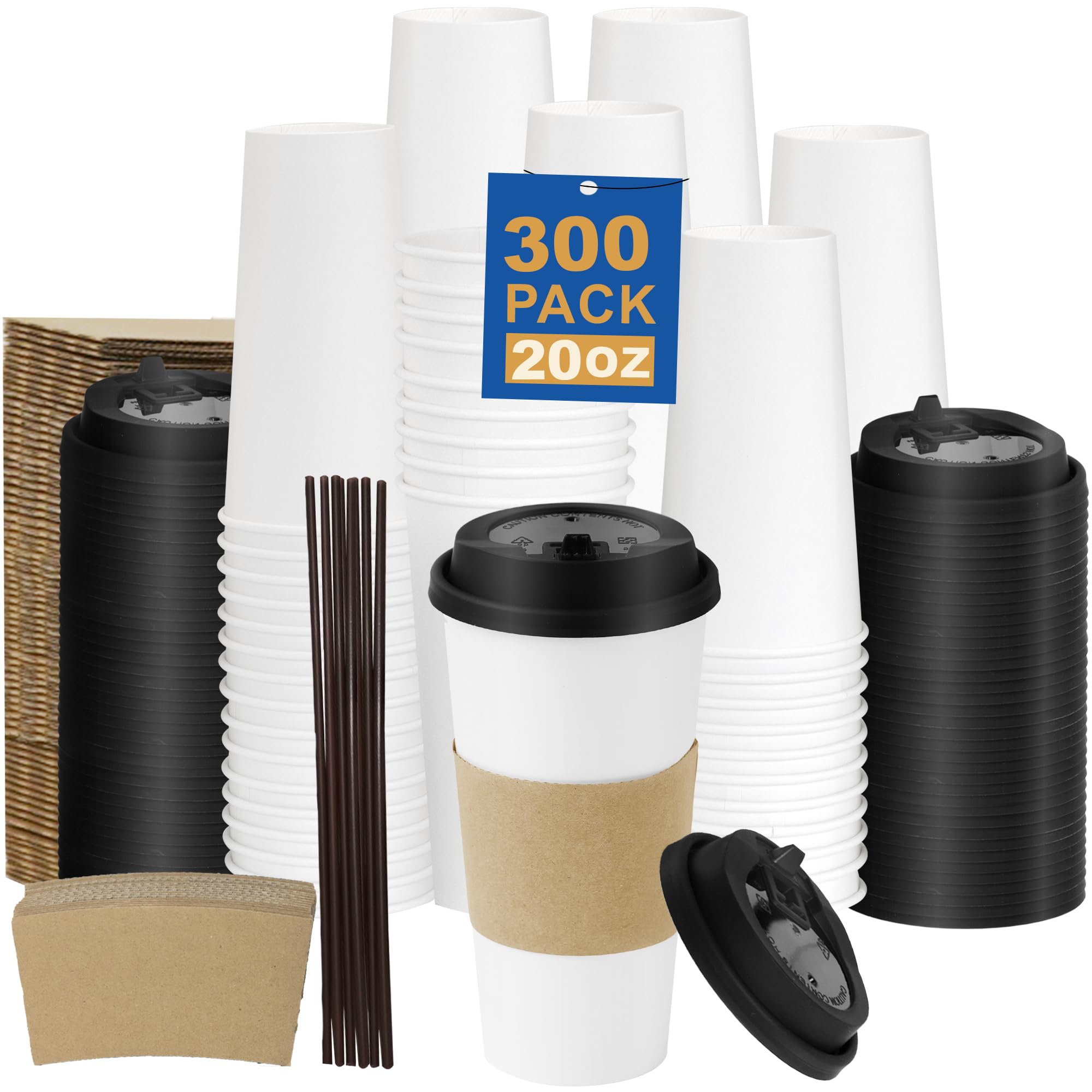 16 oz 100 Pack Corrugated Ripple Wall Disposable Coffee Cups with Lids and Straws, Heavy Duty Insulated Cups for Hot Beverage or Cold Drinks, Bulk for Restaurants, Offices, Coffee Shops(Black)