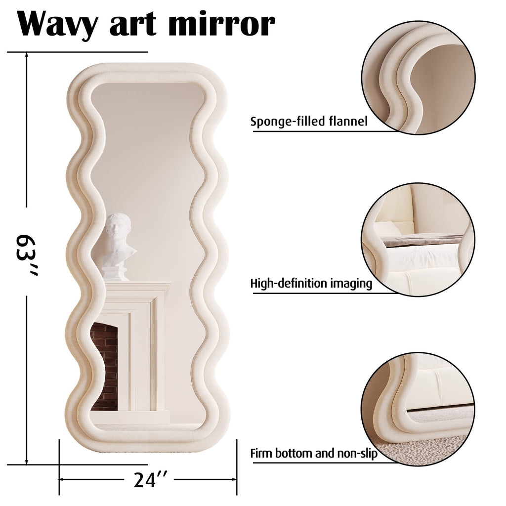 BOJOY Full Length Mirror, 63" x 24" Wall Mirror, Flannel Wrapped Wooden Frame Floor Mirror, Irregular Wavy Mirror Hanging or Leaning Against Wall for Cloakroom/Bedroom/Living Room, Black