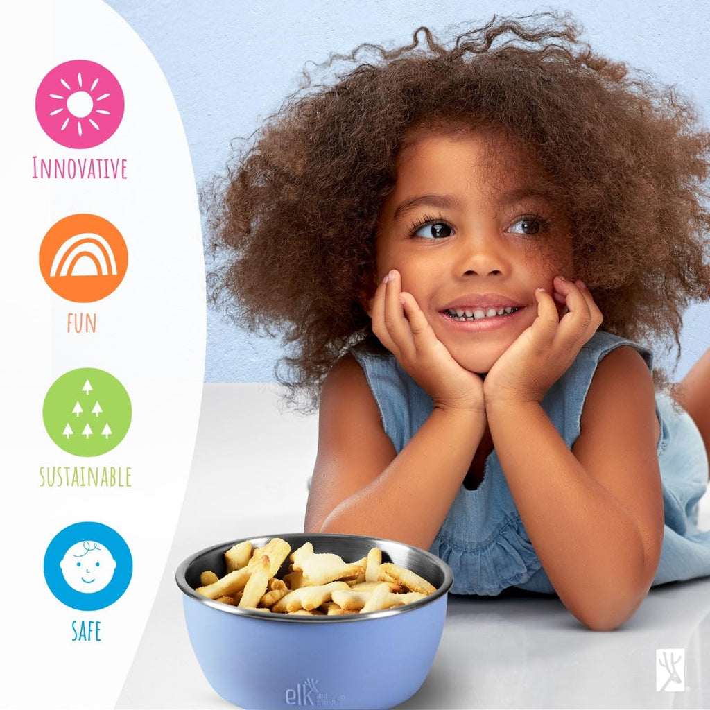 Elk and Friends Stainless Steel Bowls + Silicone Sleeve and Storage Lid | Baby, Toddler, Kids | Cereal & Snack Bowls | Storage Containers | Dishwasher Safe | 4 Pack
