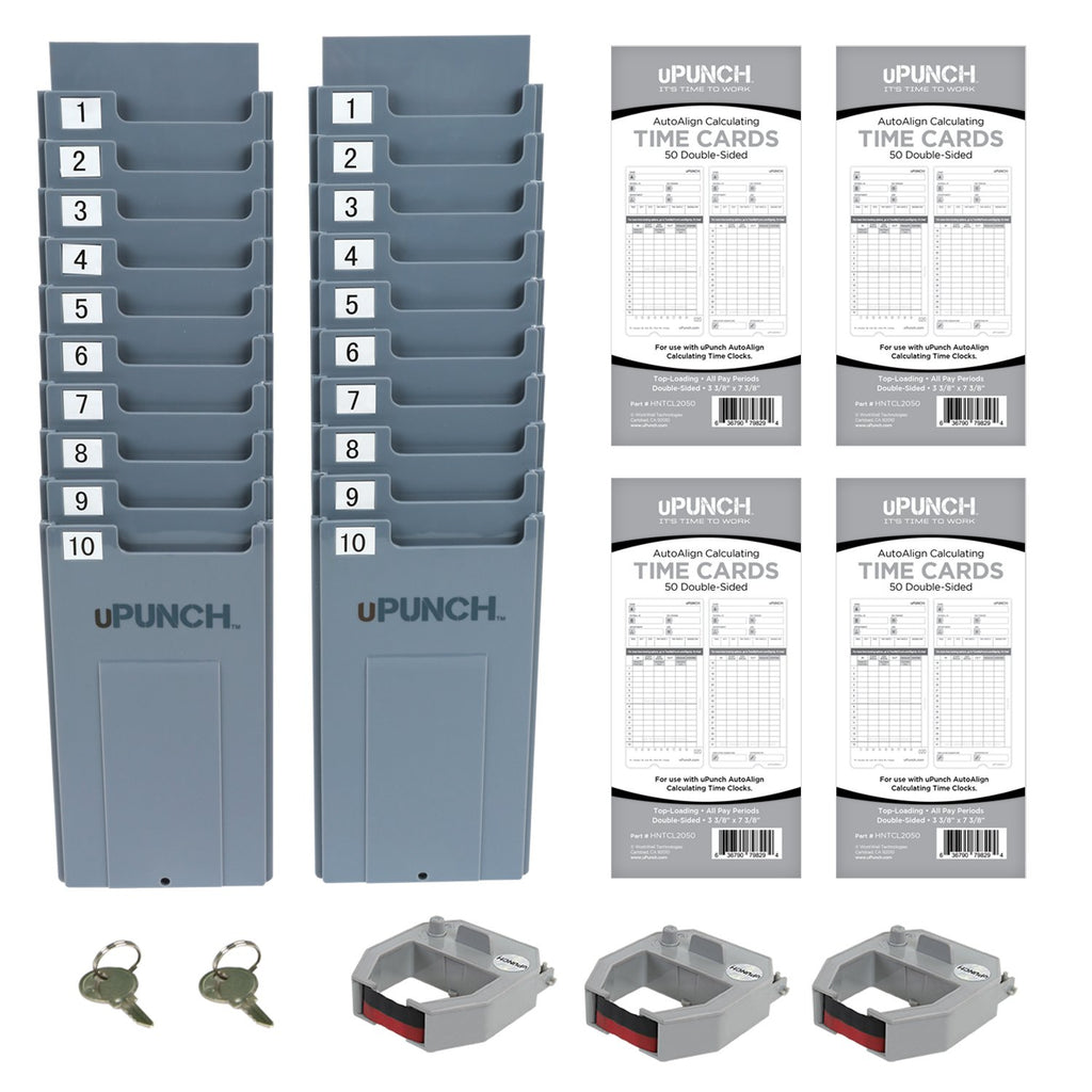 uPunch HN2500 Calculating Time Clock Bundle for Small Business: Auto Align Employee Time Tracking System with 100 Time Cards, Ribbon, and Keys