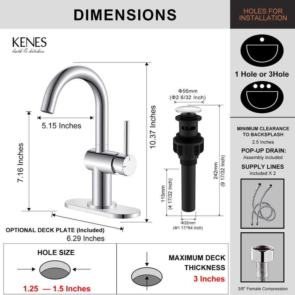 KENES Black and Gold Single Handle Bathroom Sink Faucet, Modern Prep Wet Bar Sink Faucet with Drain Assembly & Deck Plate, Vanity Faucets for Farmhouse RV Camper Utility, KE-9005B-BG