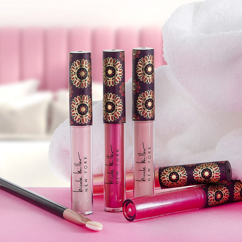 Nicole Miller Lip Gloss Collection Shimmery Glosses for Women and Girls Long Lasting Color Set with Rich Varied Colors, Flowery Pink, 10 Count (Pack of 1)