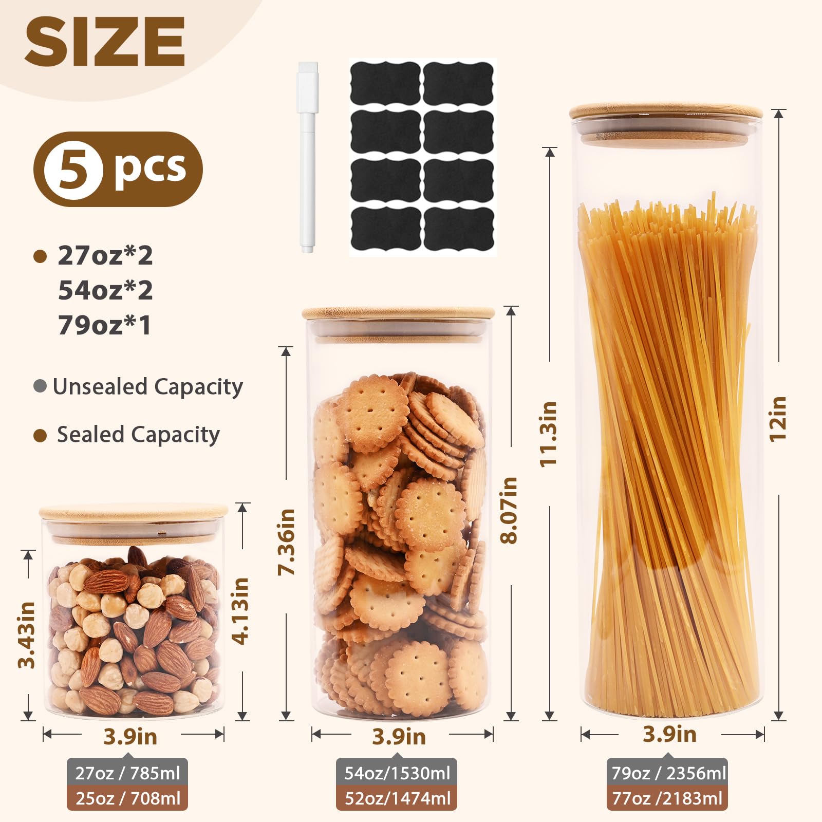SHOWIN 73oz Glass Pasta Storage Jars, Tall Glass Jars with Bamboo Lids, Spaghetti Container, Set of 3, Kitchen Storage Containers for Pasta, Pantry Organizers