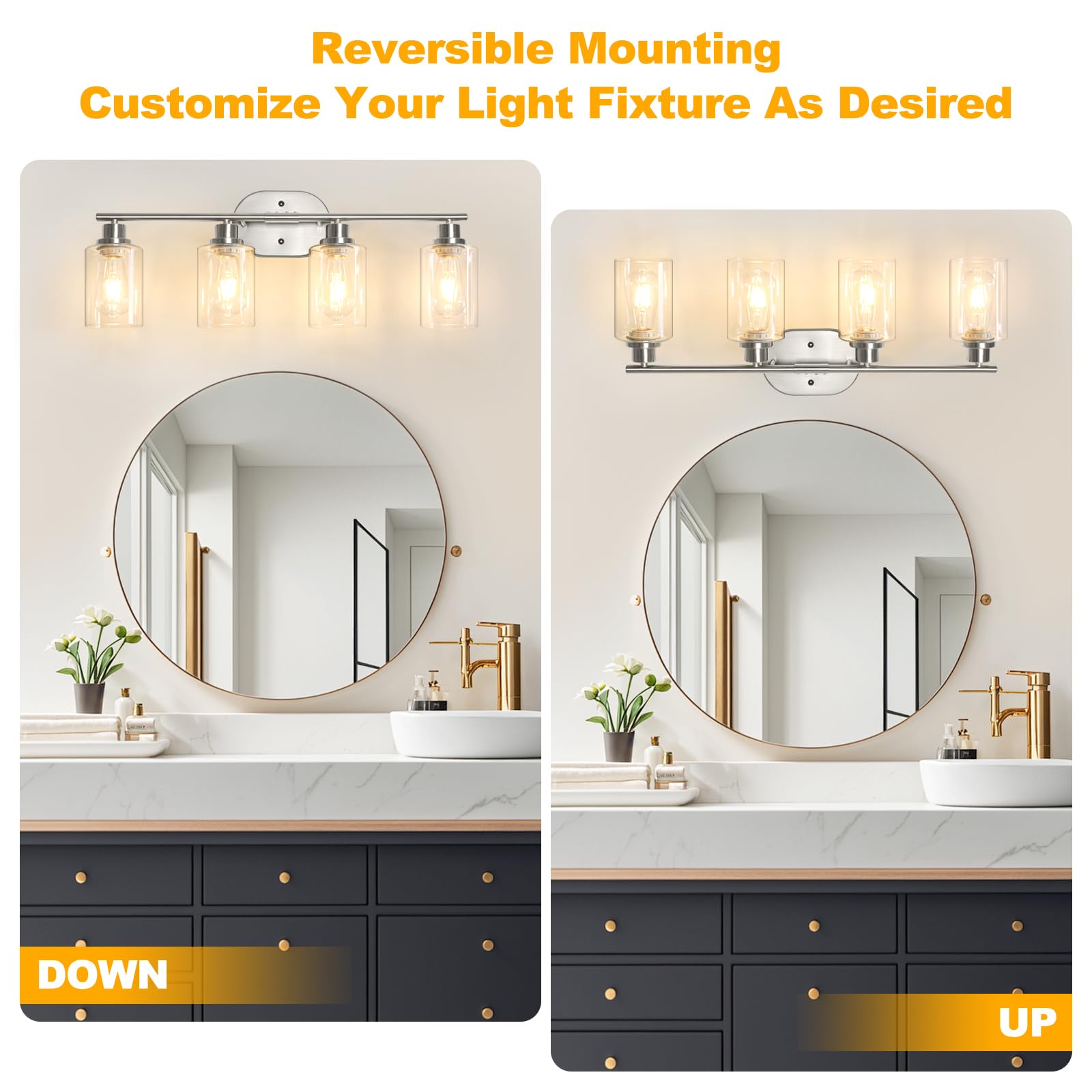 Unicozin 2 Pack Modern Bathroom Light Fixtures, 3 Light Vanity Lights, Black Wall Lamp with Clear Glass for Bathroom, Mirror, Living Room, Bedroom, Hallway, E26 Base