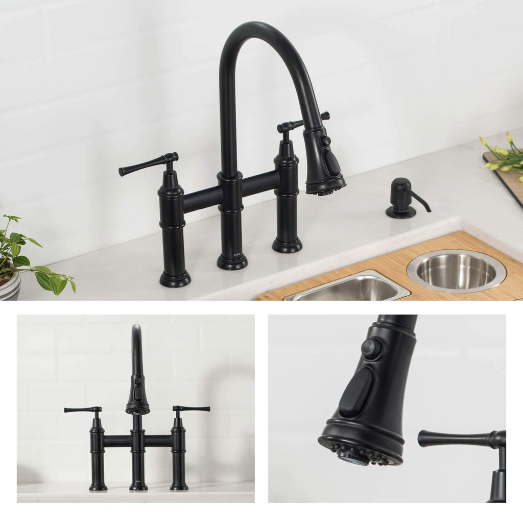 KRAUS Allyn Transitional Bridge Kitchen Faucet with Pull-Down Sprayhead in Brushed Gold, KPF-3121BG