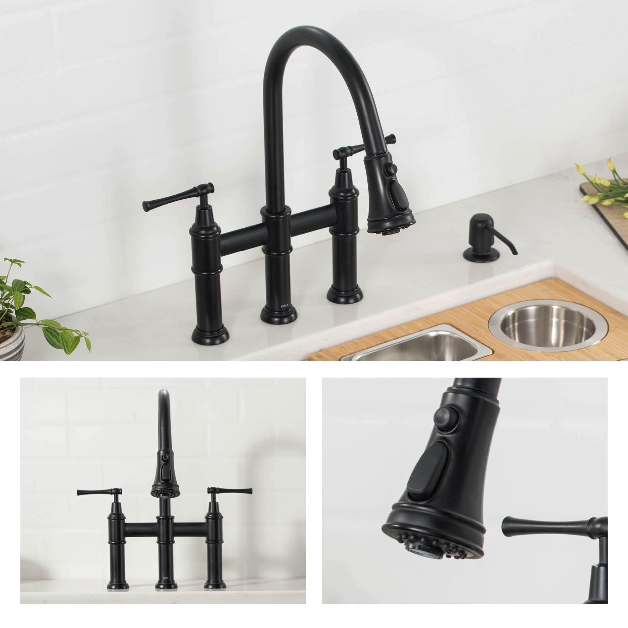 KRAUS Allyn Transitional Bridge Kitchen Faucet with Pull-Down Sprayhead in Brushed Gold, KPF-3121BG