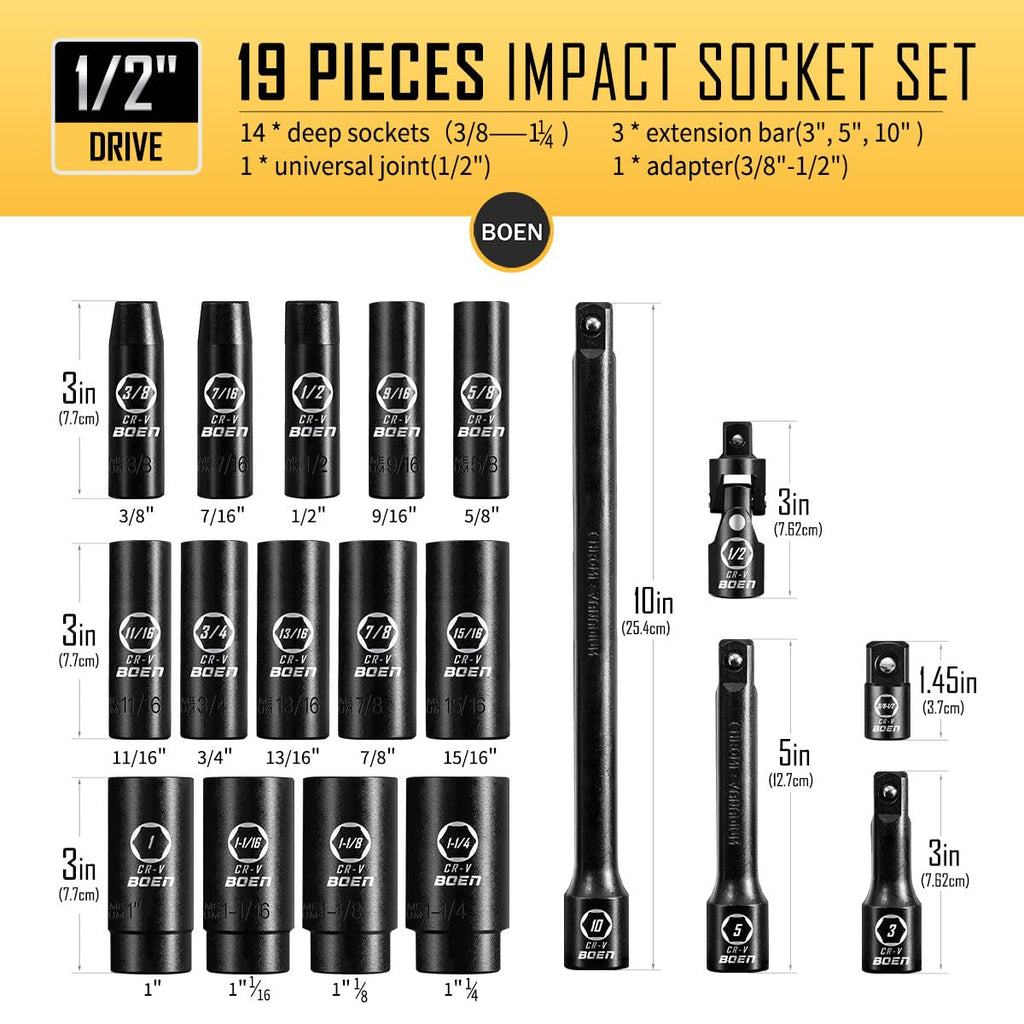 BOEN 1/2" Drive Deep Impact Socket Set, 11 Pieces Socket Set Metric 10-24mm, 6 Point Design, Cr-V Steel, Laser Marking, Durable Storage Case, Meets ANSI Standards