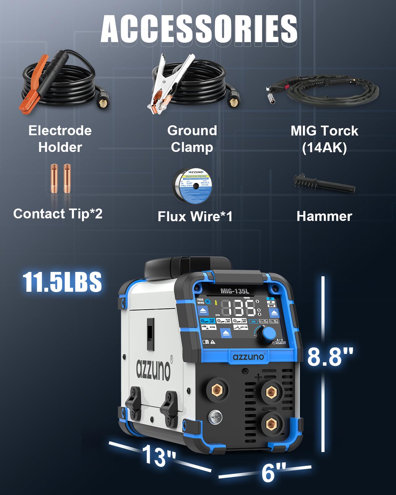 AZZUNO MIG Welder Machine 110V/220V, 155Amp 5-in-1 Gas MIG/Aluminum MIG/Gasless Flux MIG/Lift TIG/Stick Welding Machine, Wire Feed Welder