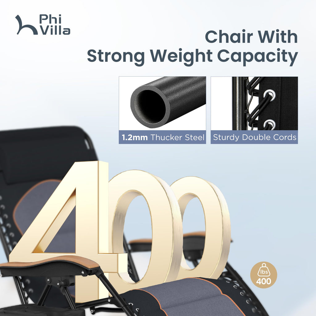 PHI VILLA XXL Oversized Padded Zero Gravity Chair Set of 2, Foldable Patio Recliner, 30" Wide Seat Anti Gravity Lounger with Armrest and Cup Holder, Support 400 LBS (Aqua Blue)