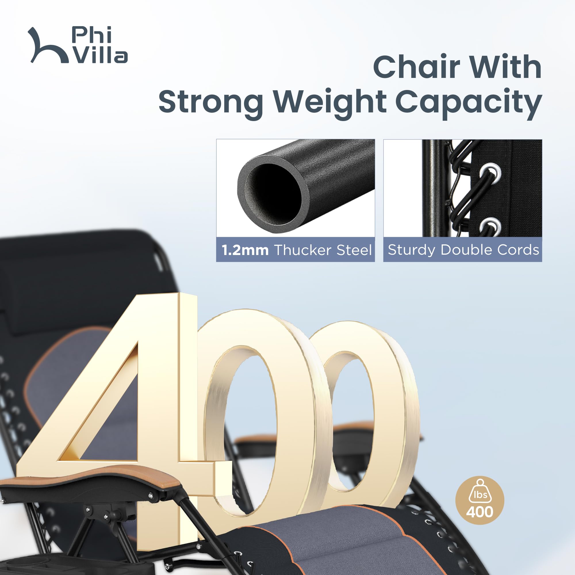 PHI VILLA XXL Oversized Padded Zero Gravity Chair Set of 2, Foldable Patio Recliner, 30" Wide Seat Anti Gravity Lounger with Armrest and Cup Holder, Support 400 LBS (Aqua Blue)