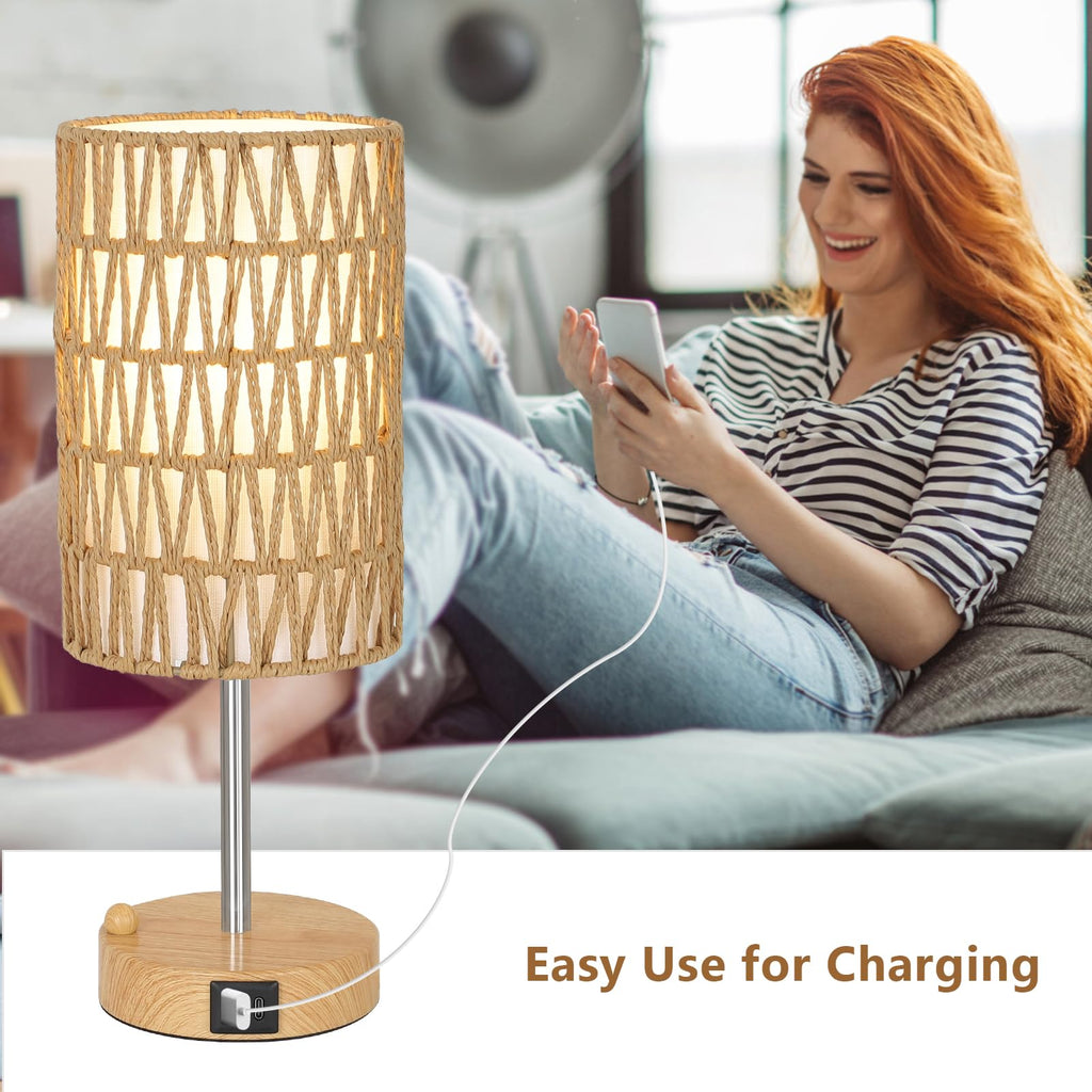 Rattan Bedside Table Lamps Set of 2 - Boho Lamps With 3 Color Temperatures & USB AC Port, Pull Chain Table Lamp For Bedroom, Cute Small Lamp For Nightstand Office Desk Bed Side End Table Living Room