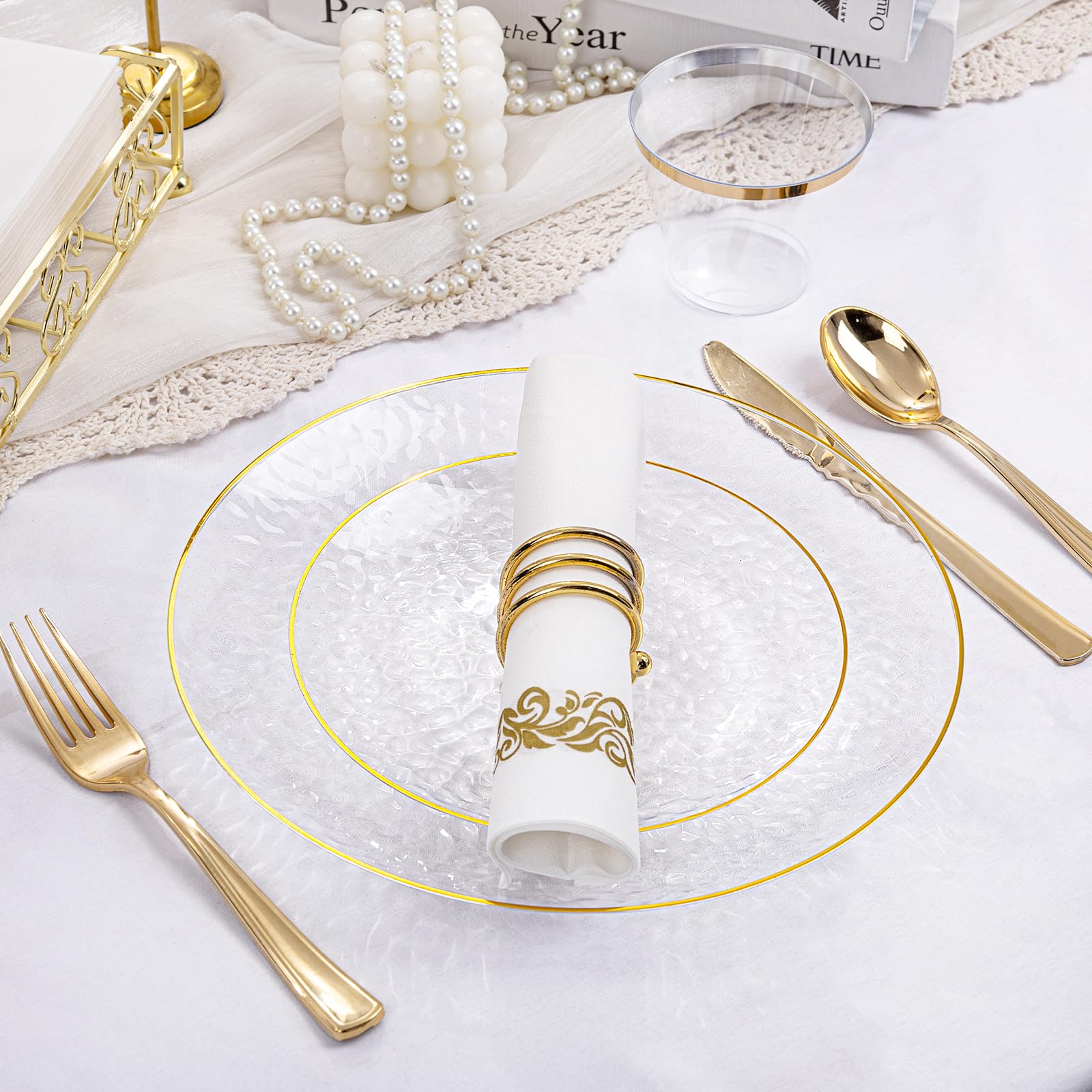 Rubtlamp 100Pcs Amber Gold Plastic Plates, Disposable Plates With Gold Rim, Heavy-duty Party Platos, Hammered Plastic Plates Include 50 Clear Dessert Plates, 50 Dinner Plates for Party